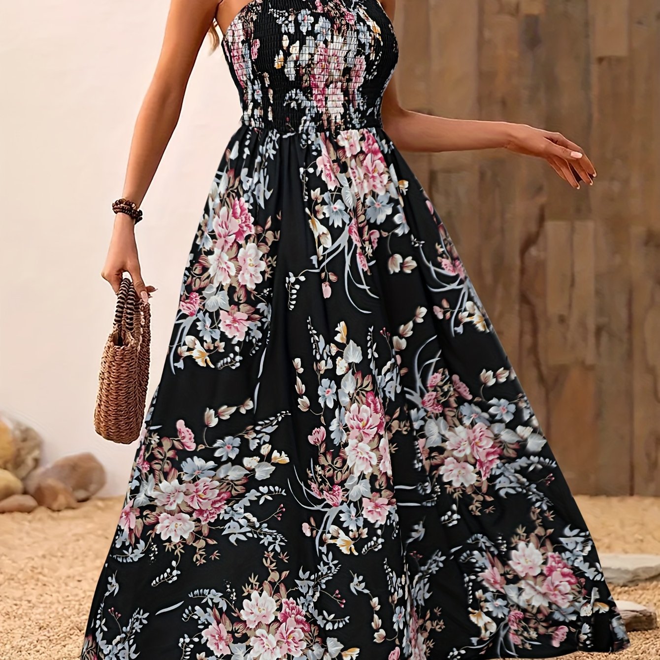 Image of Spring Summer Women's Elegant Floral Print Pleated Spaghetti Suspender Dress, Vacation Vintage A-line Long Dress 9a9096-1