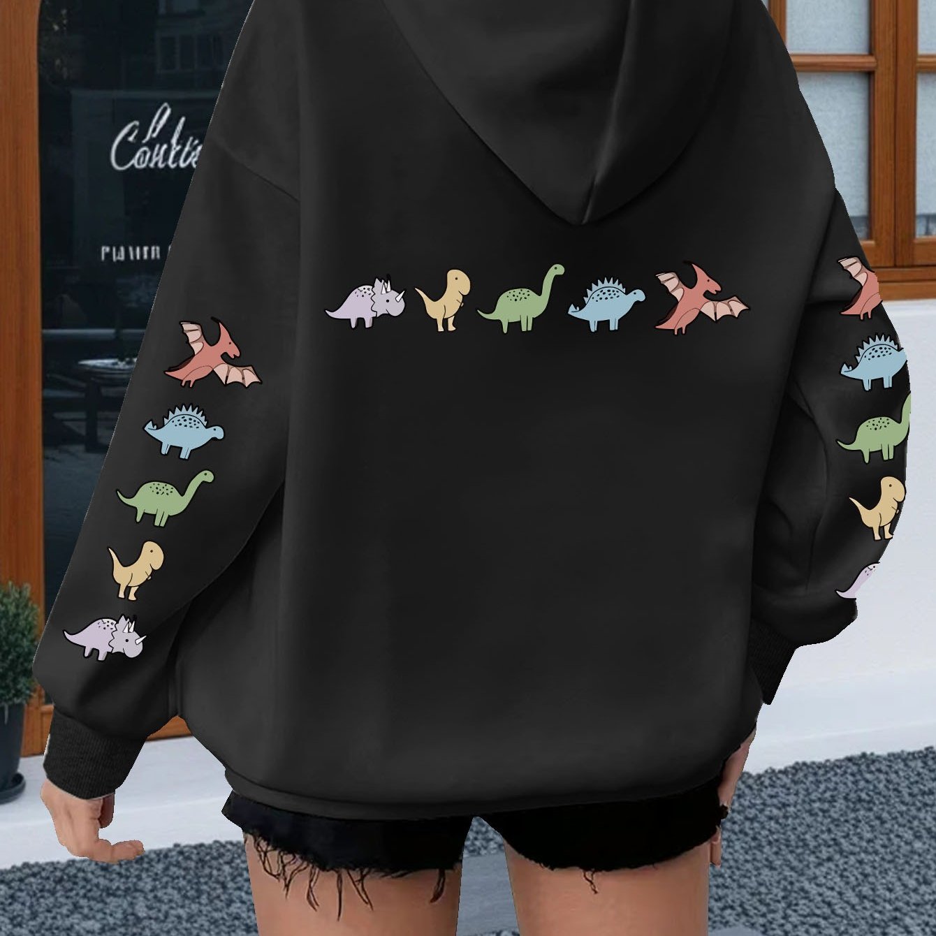 TEMU Plus Size - Funny Different Dinosaur 's Cartoon ' Size Large Hoodies, Women's Hooded Sweatshirt