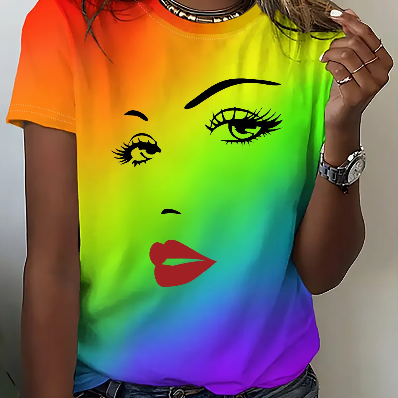 TEMU T-shirt à Imprimé , Haut Décontracté à Manches Courtes et Col Ras du Cou pour l'Été et , Vêtements pour Femme