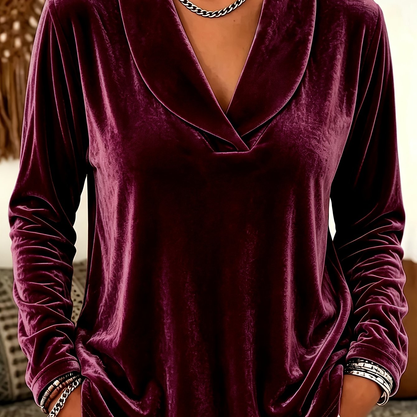 TEMU Plus Size, Plus Size Velvet V-neck Long Sleeve Women's Top, Lapel Design, Loose And Flowy Commuter Base Pullover, No Accessories