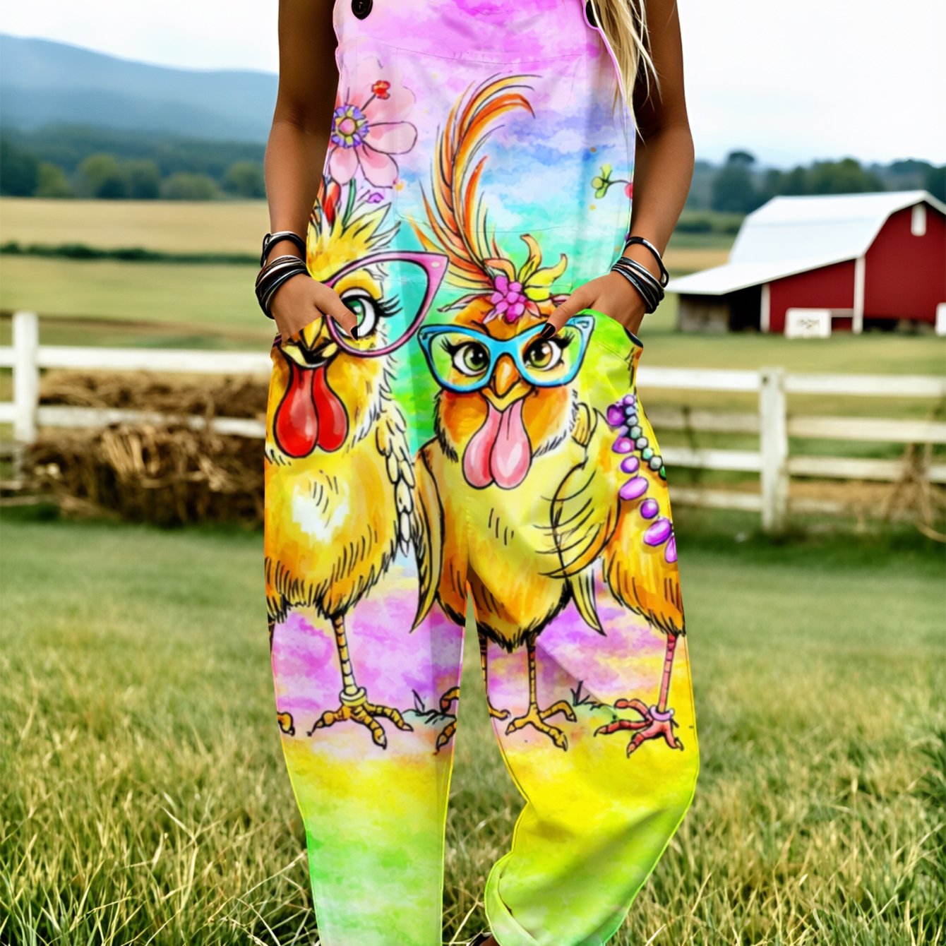 Image of Women' Size Overall Jumpsuit, Size S-2xl Colorful Chickens Glasses Loose-fitting Overalls Machine Washable Adjustable Shoulder Straps Suitable For Daily Wear And , An Ideal Gift For