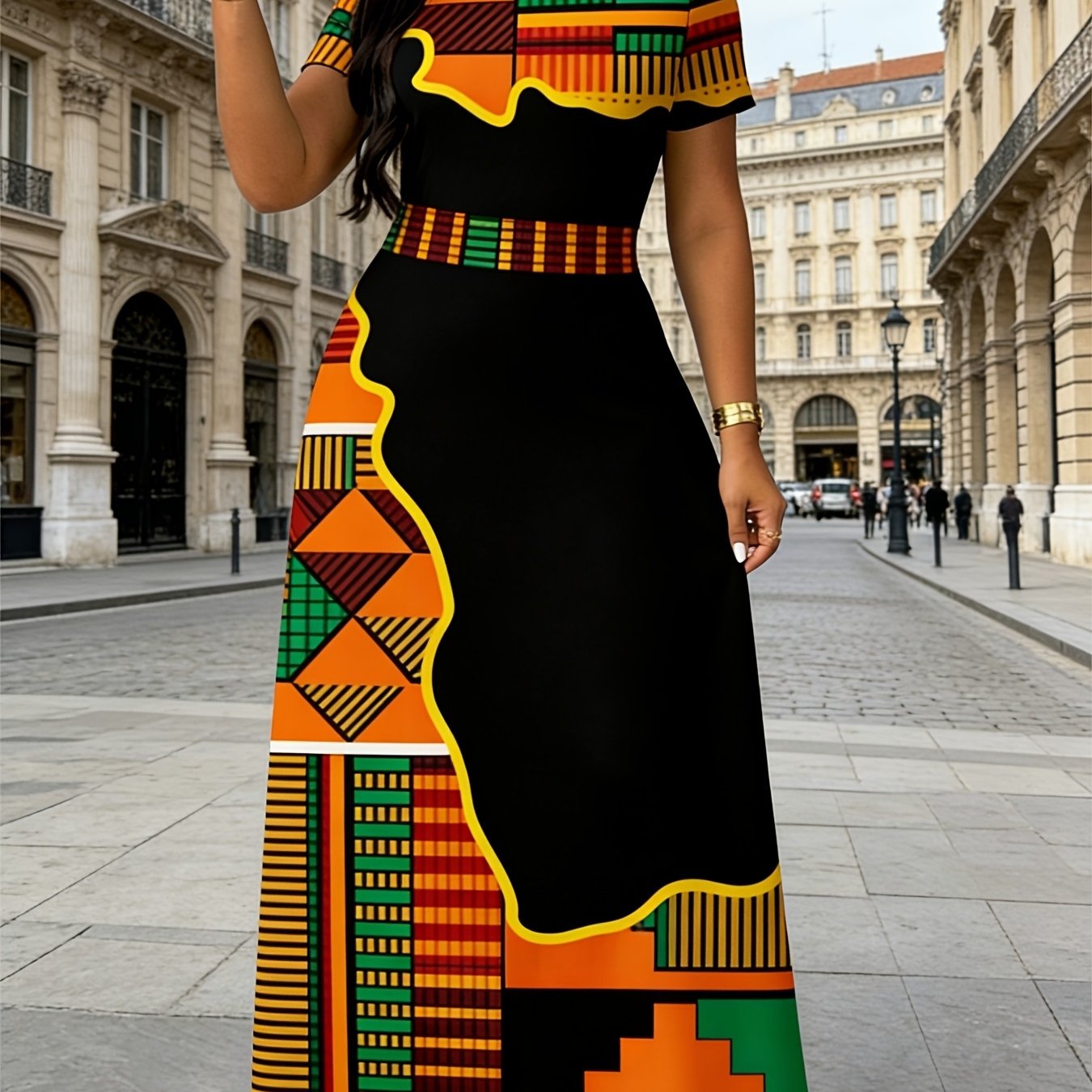 Womens Round Neck Short Sleeved T Shirt Dress African Ankara Print Geometric Pattern Summer Boho Style Casual Streetwear Vacation Beach Party Maxi Dress