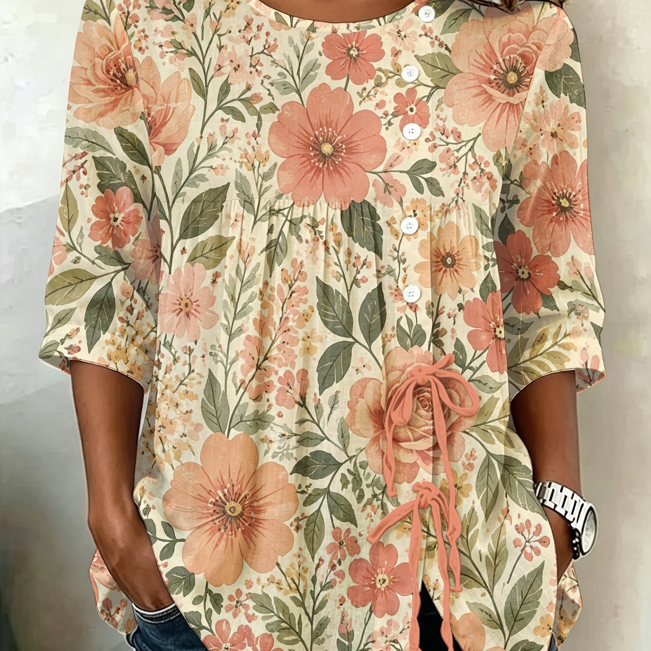 TEMU Plus Size - Vintage Floral Botanical Women's Plus Size Button Blouse, Oversized Longline Essential For, Spring Summer Trend, High , Durable