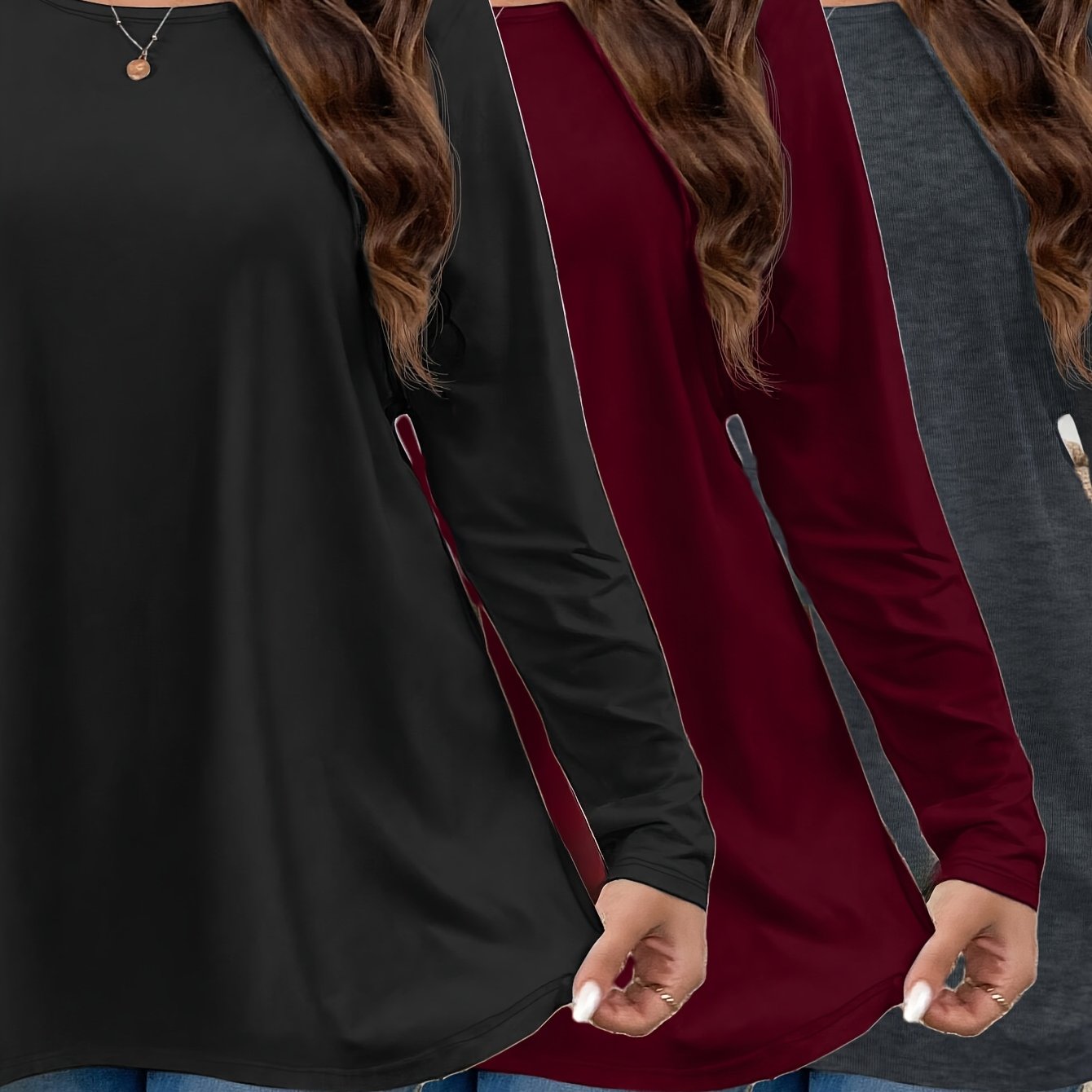Image of Plus Size, 3pcs Plus Size Women's New Loose Long Sleeve T-shirt, Spring/summer Soft Casual Solid Color Top, Pullover Trend, Sizes 1xl To 5xl