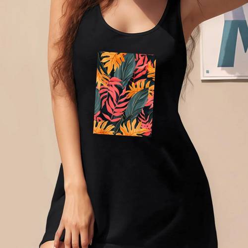minimalist tropical leaves pattern art sleeveless dress spring summer casual vest dress fashion womens dresses