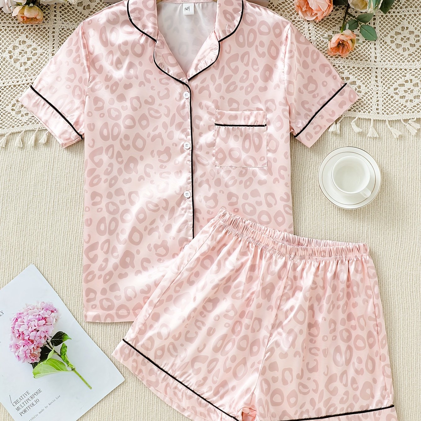 teen girls 2 piece pajama sets allover leopard pattern lapel front buckle chest pocket short sleeve top matching shorts casual pj sets