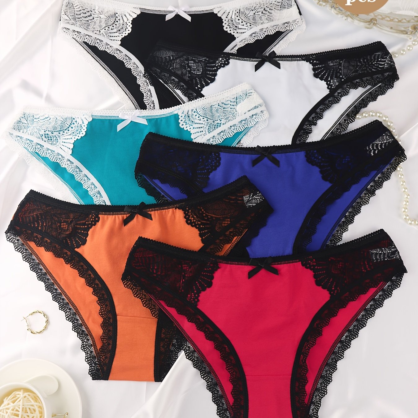 Image of 6pcs Women's Briefs, Lace Trim Low-rise Panties With Bow Decoration, Soft And Breathable Women's Underwear, Combination Daily Casual Close-fitting Underwear