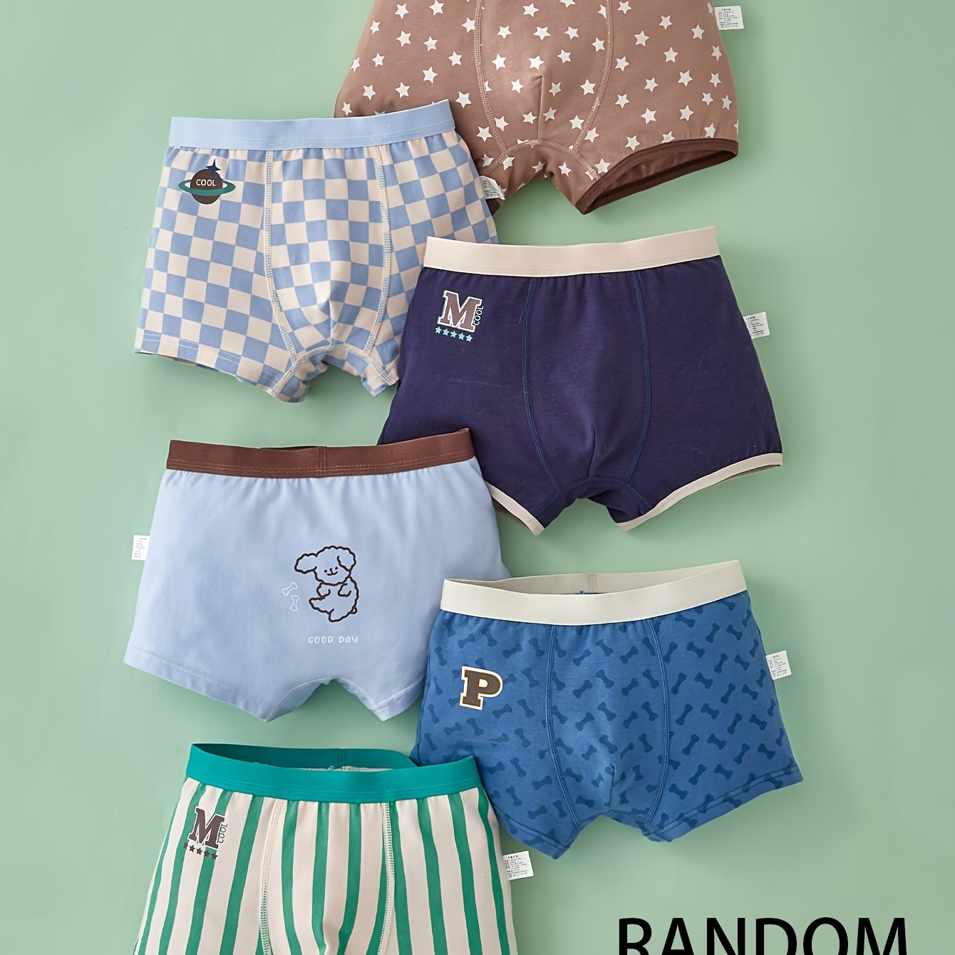 Random 6pcs Boys' Briefs Soft Comfortable Striped Checkered Full Pattern High Elastic Waistband Wear Short Shorts [zbd]