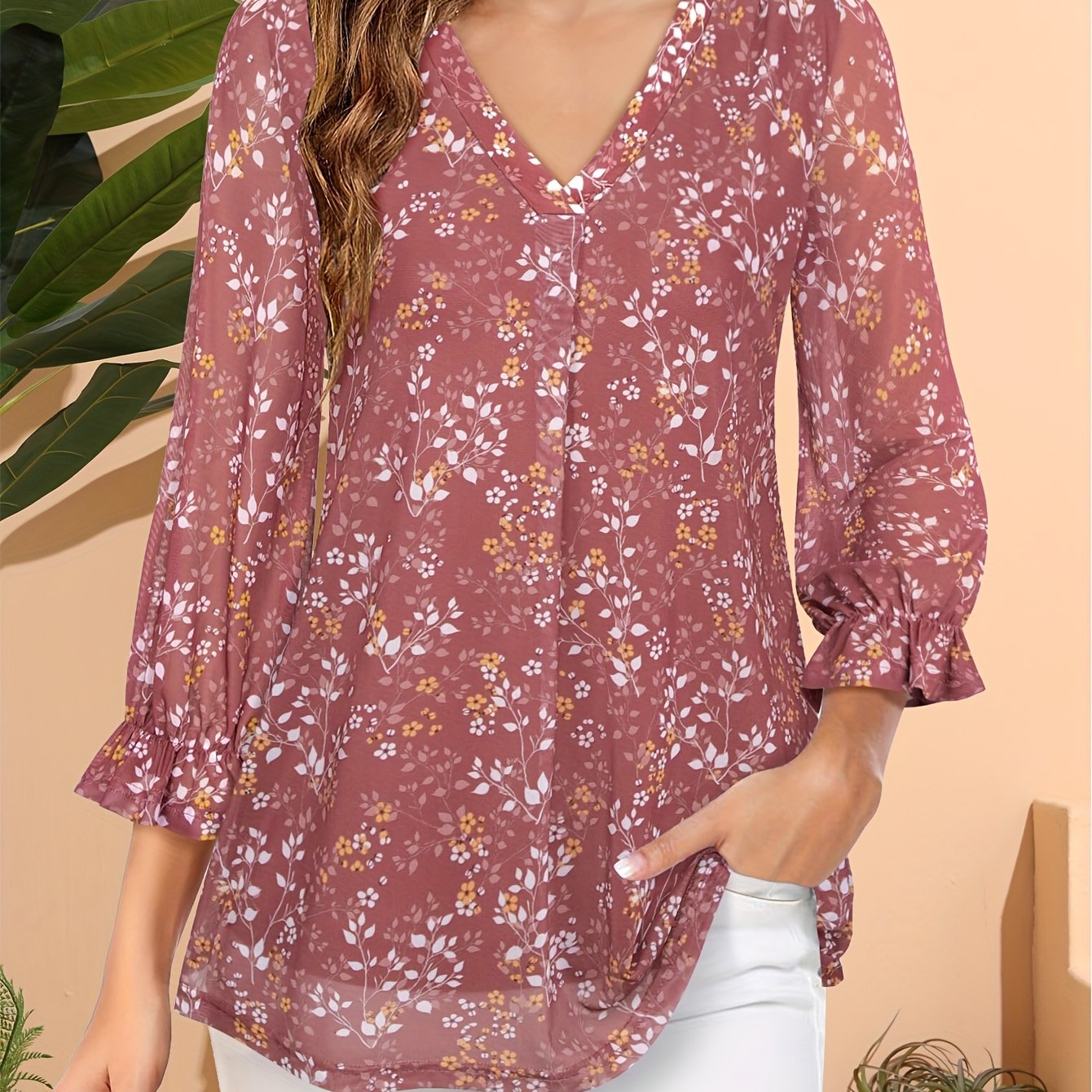 TEMU Women's Ruffle 3/4 Sleeve Tunic Tops Floral Blouses Mesh Casual Double Layers V Neck Dressy Shirts