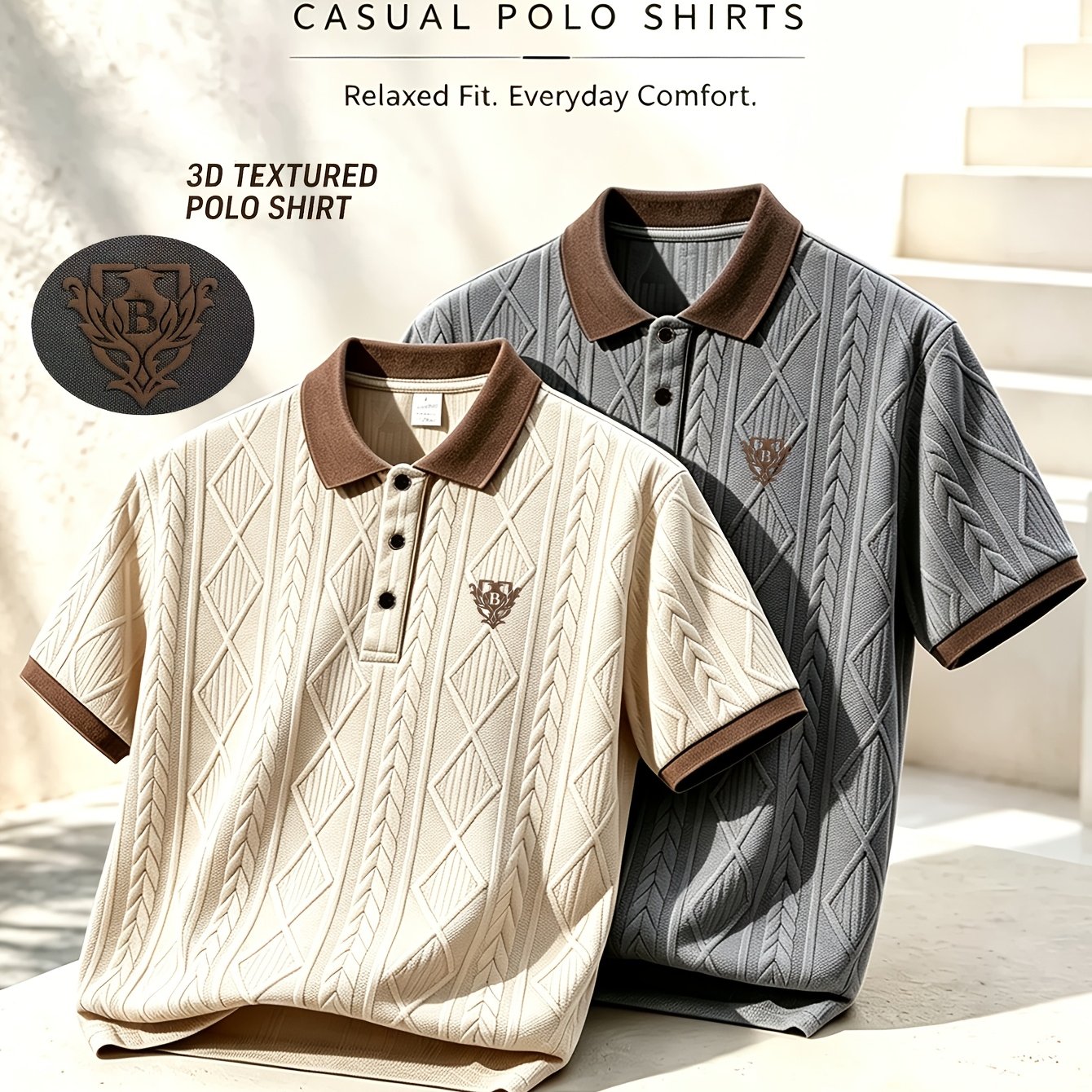 TEMU 2pcs, High-quality Men's Short Sleeve Collared Casual Shirts, 3d Foam Classical Vase Pattern, Textured Ribbed Fabric, Soft And Skin-friendly