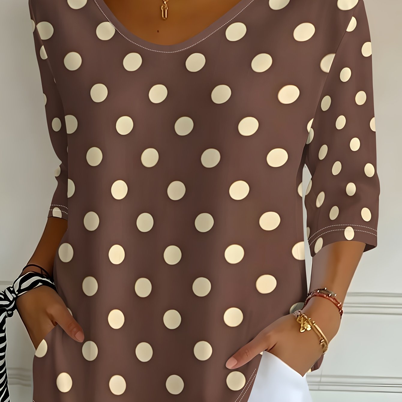 TEMU Printed Design - Non-textured/2d Printing, Women's Summer/autumn Coffee-colored Polka Dot V-neck Three-quarter Sleeve T-shirt