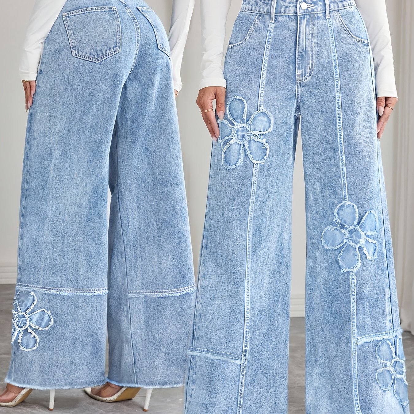TEMU Blue, Stylish And Versatile, High-waist, High-stretch, Plus-size Women's Wide-leg Jeans, With Floral Patches And Three-dimensional Design,