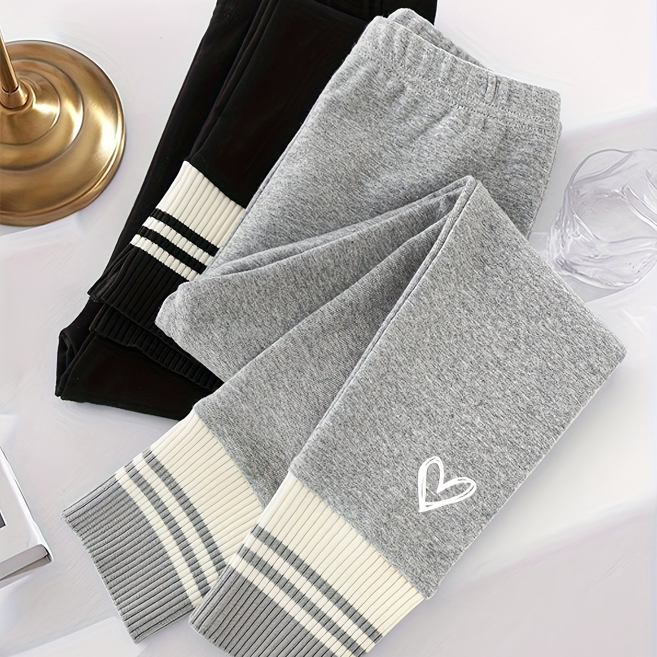 Image of 2pcs Set Girls' Leggings Autumn Outerwear New Autumn Clothing Warm Joggers Mid-size Large Girls' Gray Black Athletic Pants