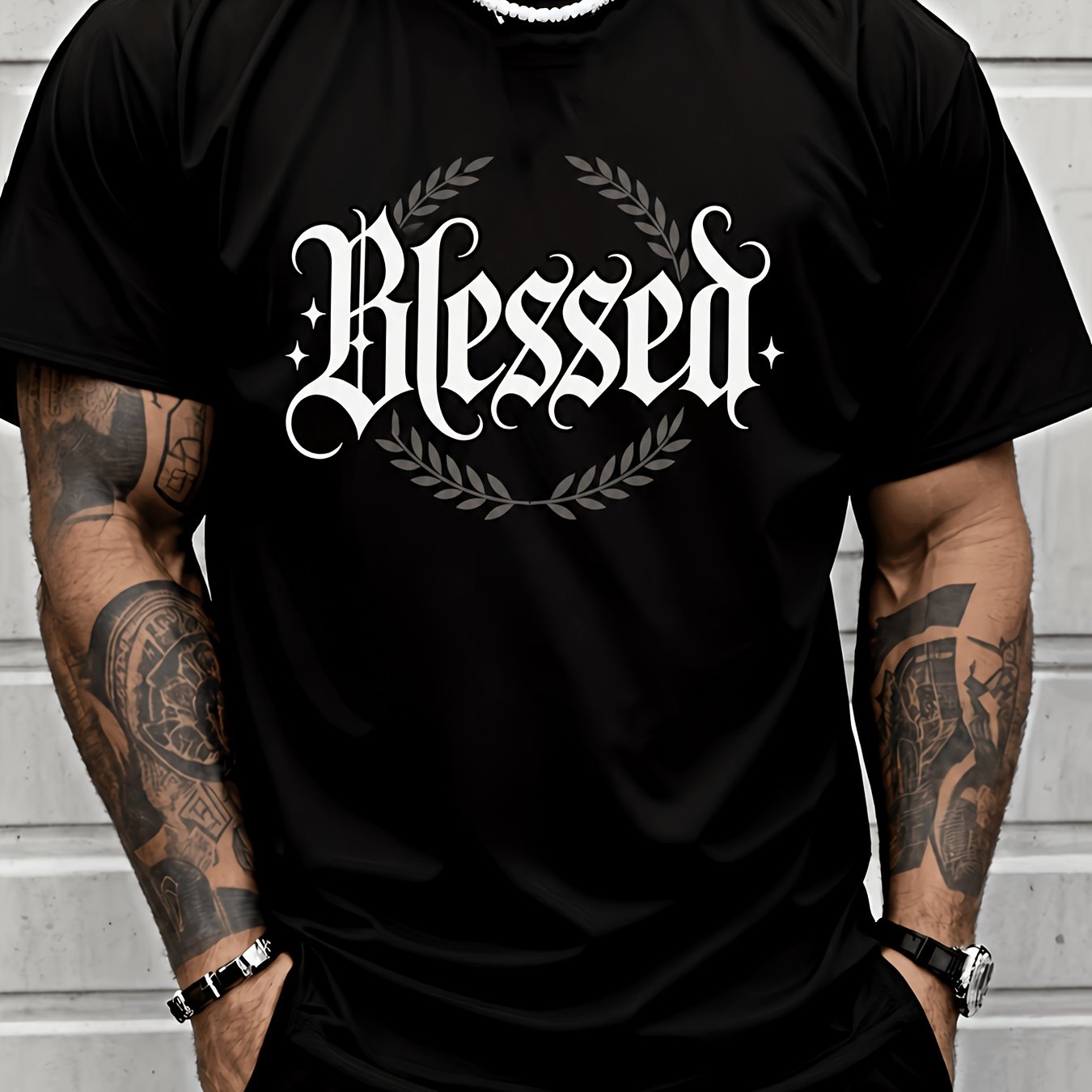 TEMU Men's Fashionable Casual T-shirt With Blessed Letter And Wreath Design For Street Style, Plus Size