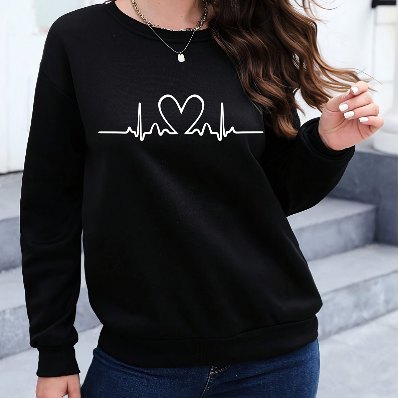 TEMU Women's Casual Ecg Neck Sweatshirt - Soft Polyester Blend, Machine Washable, Fashion Top