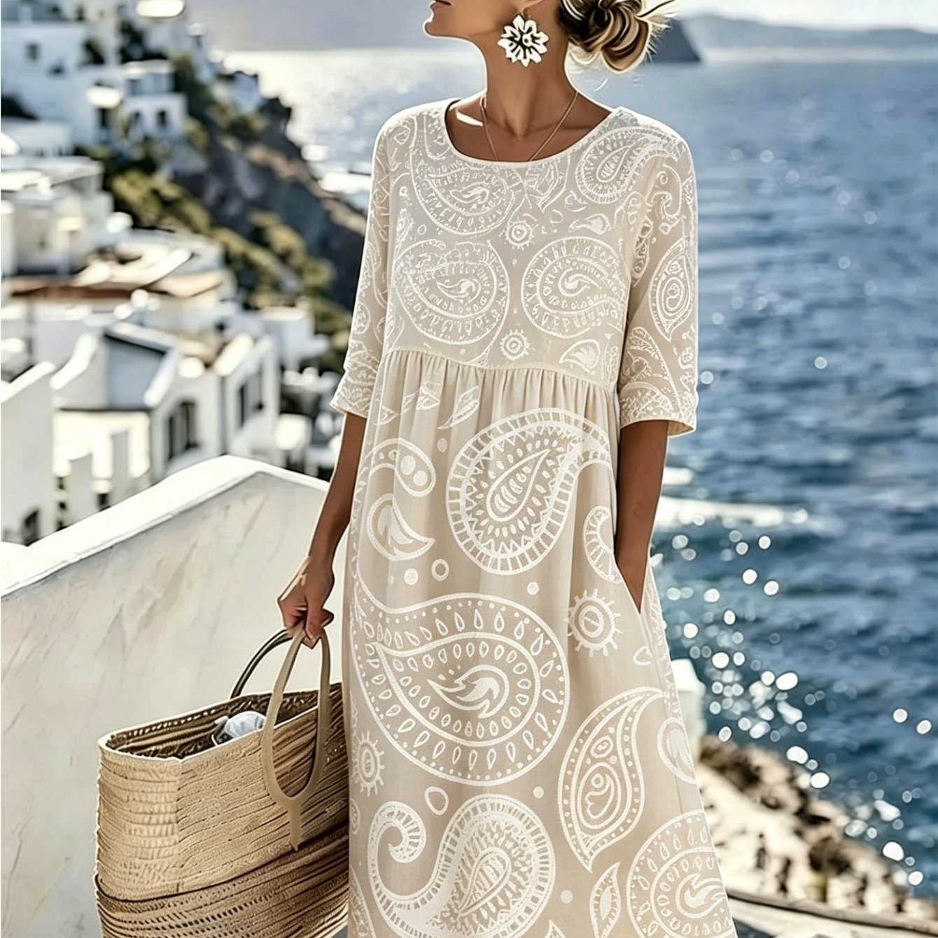 Image of Women's Floral And Polka Dot Print 3/4 Sleeve Loose Midi Dress With Pockets, Casual Summer Beach And Vacation Dress