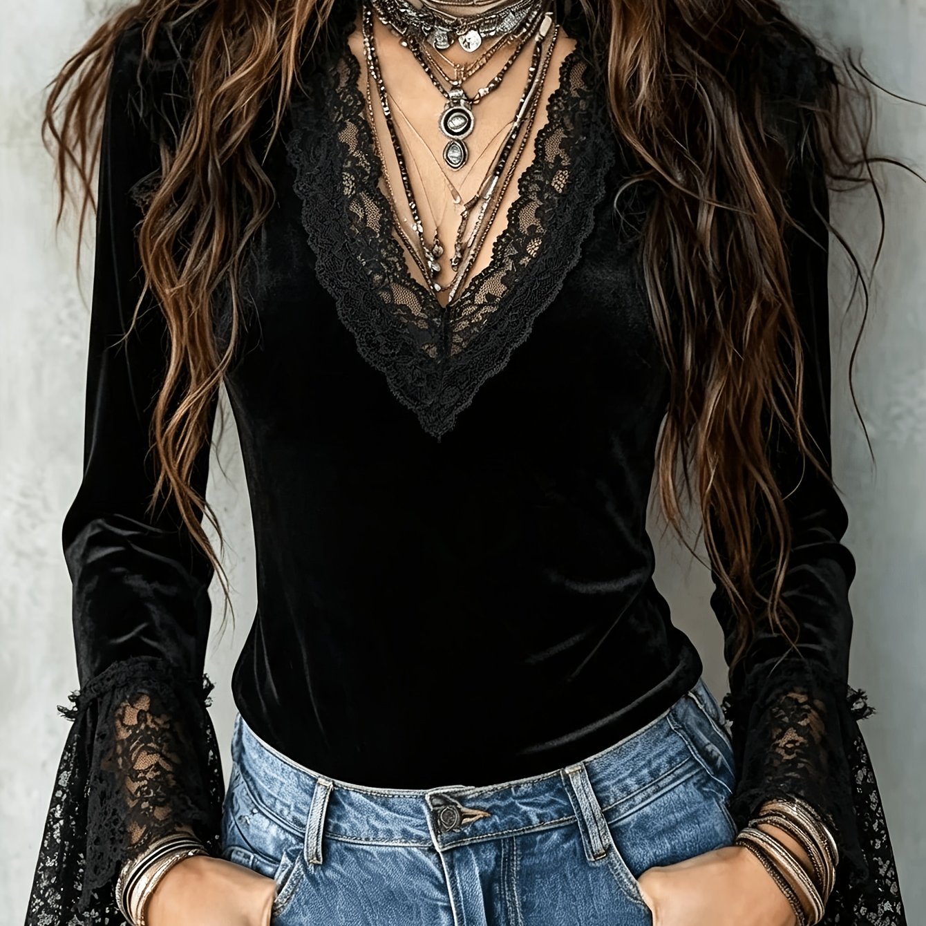 TEMU Women's Retro Elegant Velvet Lace V-neck Top, Bohemian Flared Lace Long Sleeve Casual Shirt