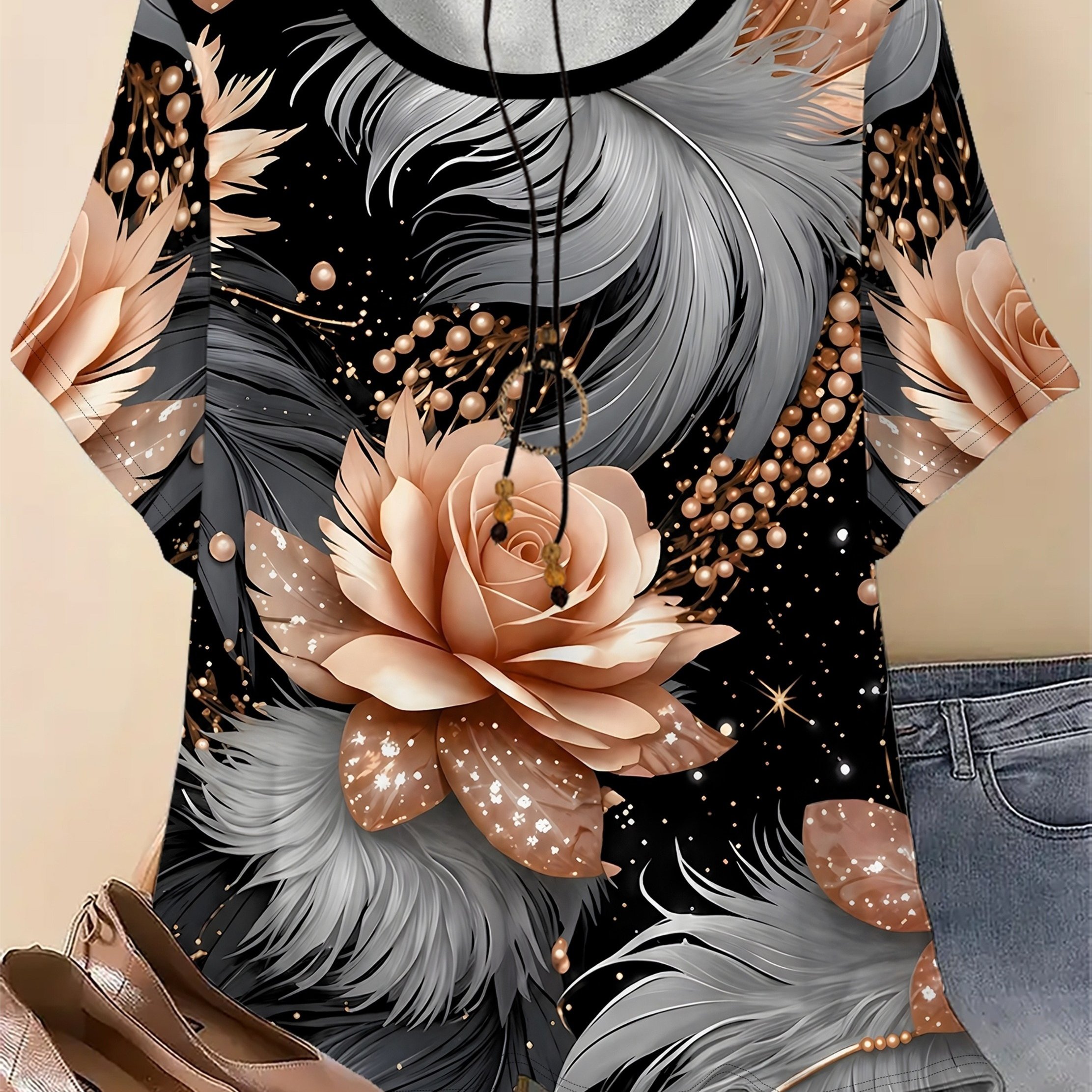 Image of Plus Size - Plus Size Black Light-colored Luxurious Milk Pearl Print Round Neck Short-sleeve T-shirt For Women, Elegant Style Top