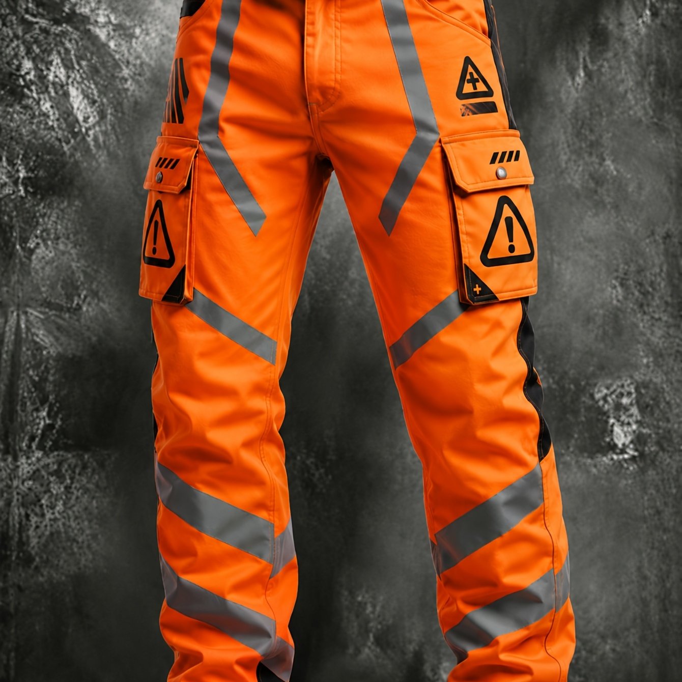 TEMU Pantalon cargo pour homme orange réfléchissant avec bandes de , triangulaires imprimés, coupe , multi-poches, pantalon décontracté avec ceinture