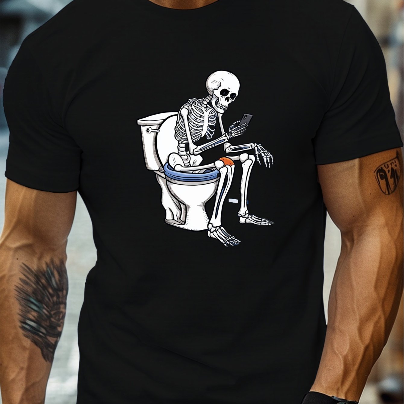 TEMU Men's Funny Skull Toilet Paper T-shirt - Humorous Bathroom Design With Toilet Paper Roll Graphic, Crew Neck Casual & Party Wear Suitable For