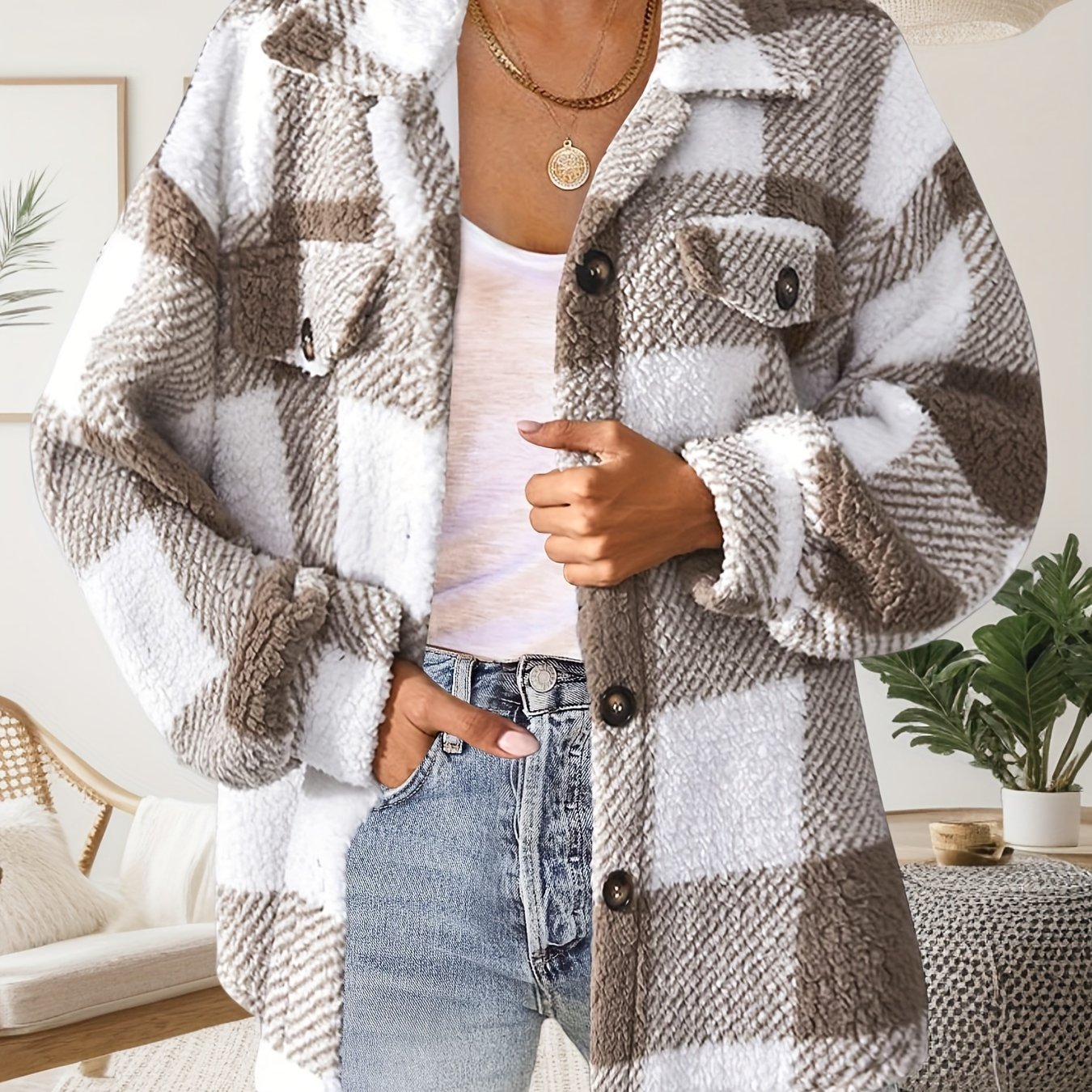 E-shop Neue karierte Plüschjacke für Damen für Herbst/Winter, vielseitiger langärmeliger Plüschmantel mit Knöpfen, Damenbekleidung