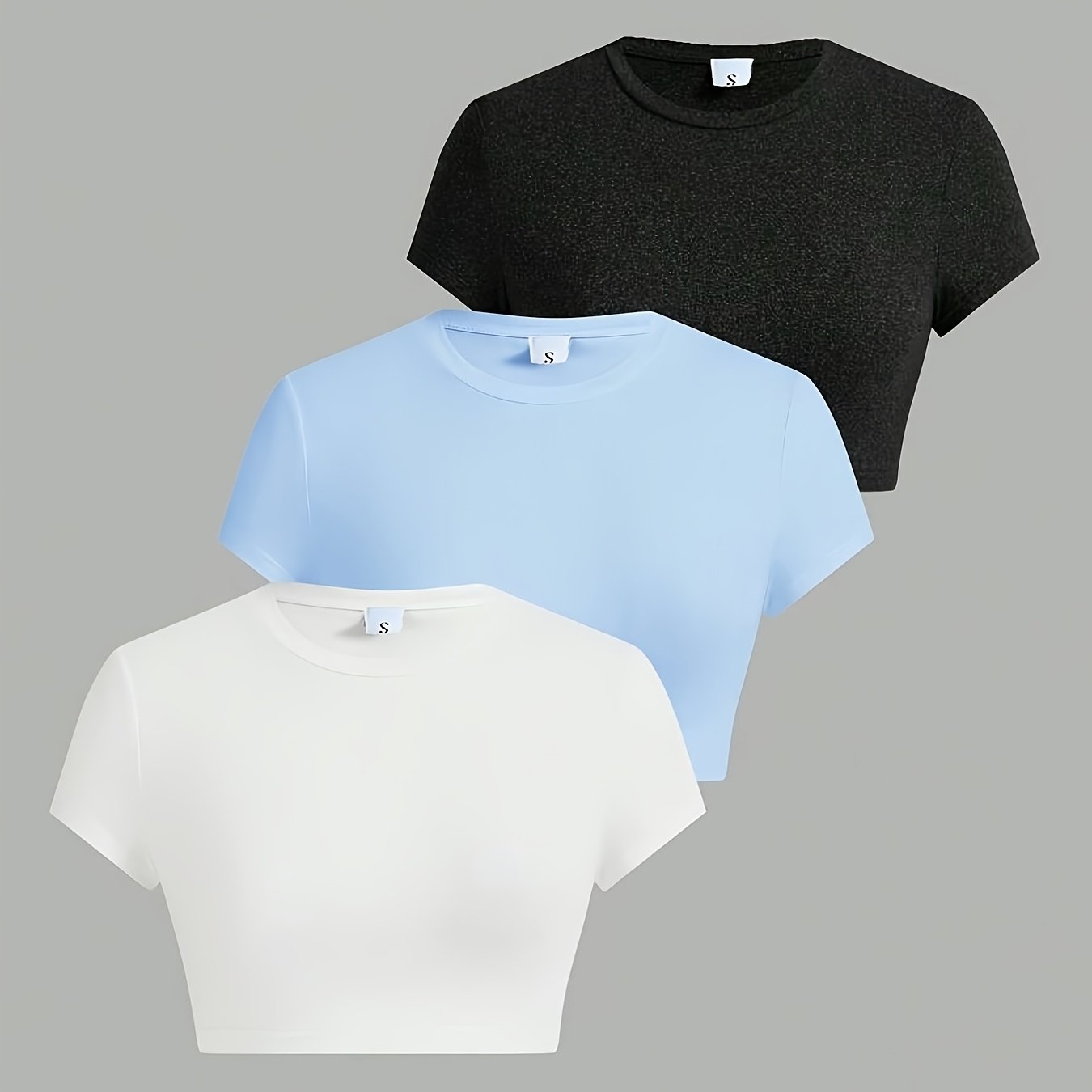 TEMU 3pcs Belly-baring Short T-shirt Set, Women's Round Neck Short Sleeve Slim Short Top
