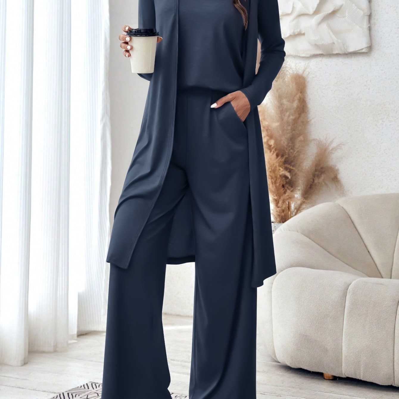 TEMU Solid Color And Outdoor Loose Comfortable Camisole Cardigan Long Pants Three-piece Set