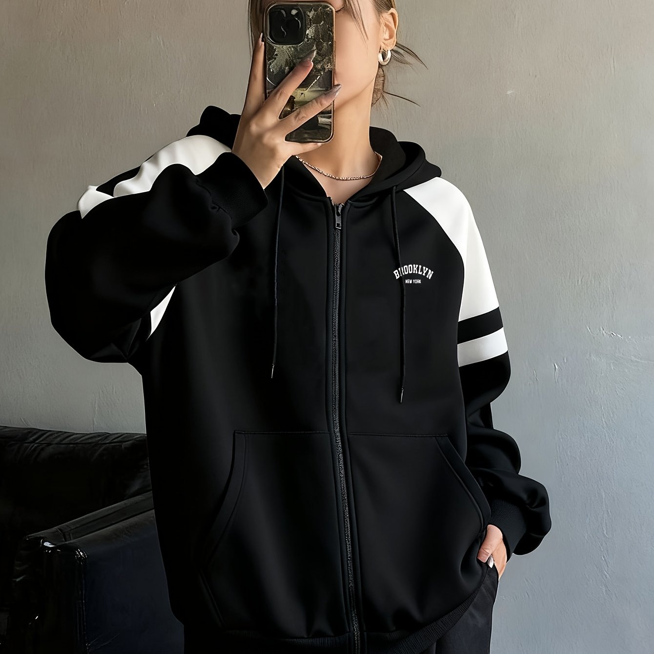 TEMU D321 - Loose Fit Sweatshirt, Black And Block Zip-up Jacket For Autumn/winter, Fashionable 