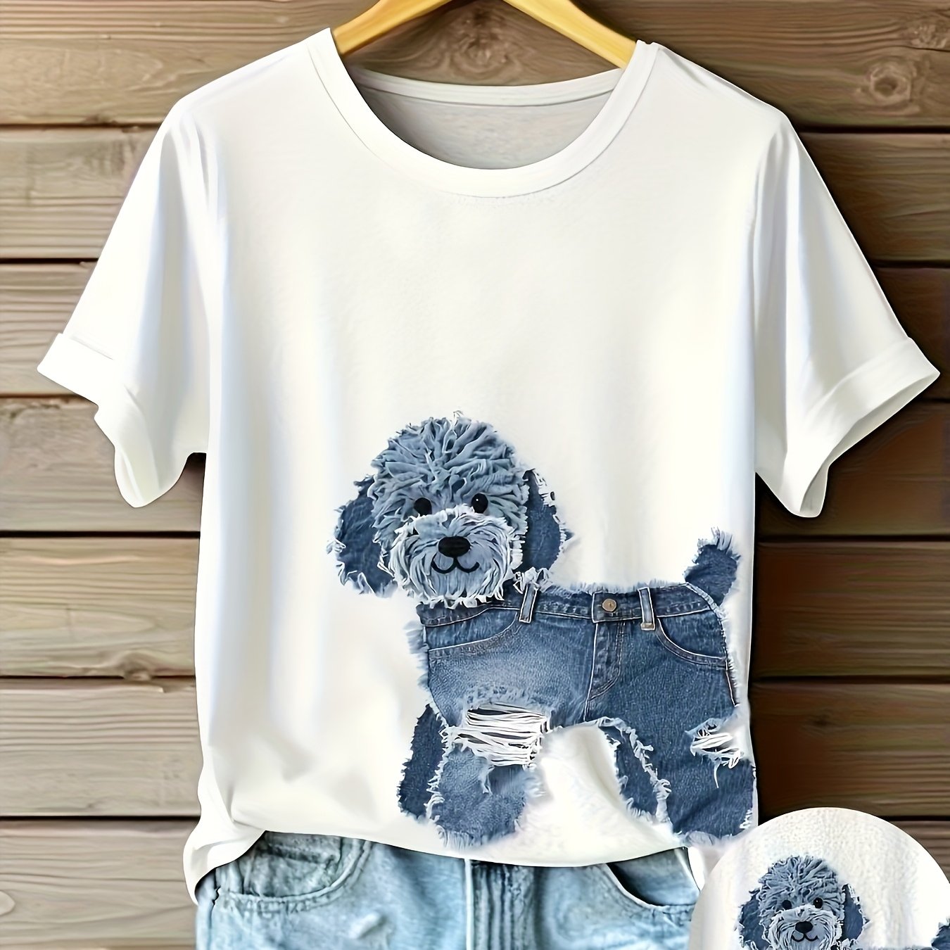 TEMU [Pantalon Imprimé - Pas en Tissu Denim] T-shirt Graphique Décontracté pour Femmes avec Adorable Imprimé de - Doux, Col Rond, Manches Courtes,