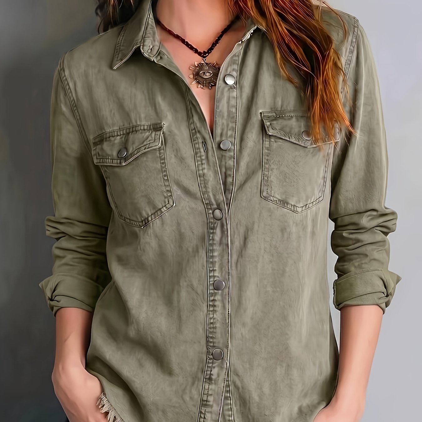 Image of Spring And Autumn Women's Classic Nostalgic Retro Washed Cargo Mature Feel, Western Style, Fringed Edges With Double Pockets, Lapel Button-up Long Sleeve Shirt
