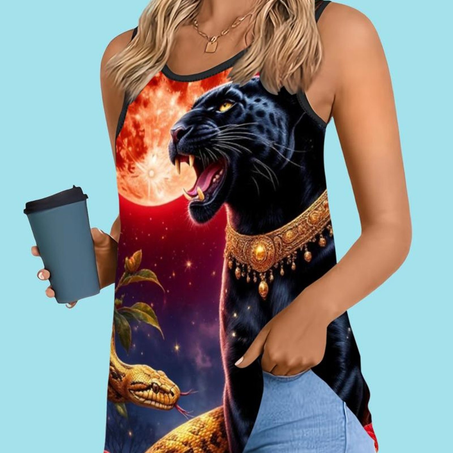 TEMU Women's Top, Polyester Fabric, Mixed Color, Multiple Specifications , Mystical Panther & Snake Print, Perfect For Daily Wear & Casual , Add A
