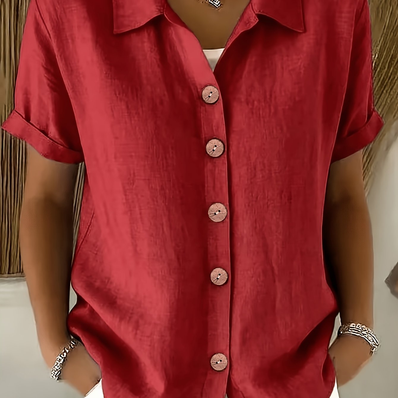 TEMU Women's Short-sleeve Button- Shirt Lapel Collar Button-front Suitable For Vacation, Office & Casual Attire - Solid Color Non-stretch Button