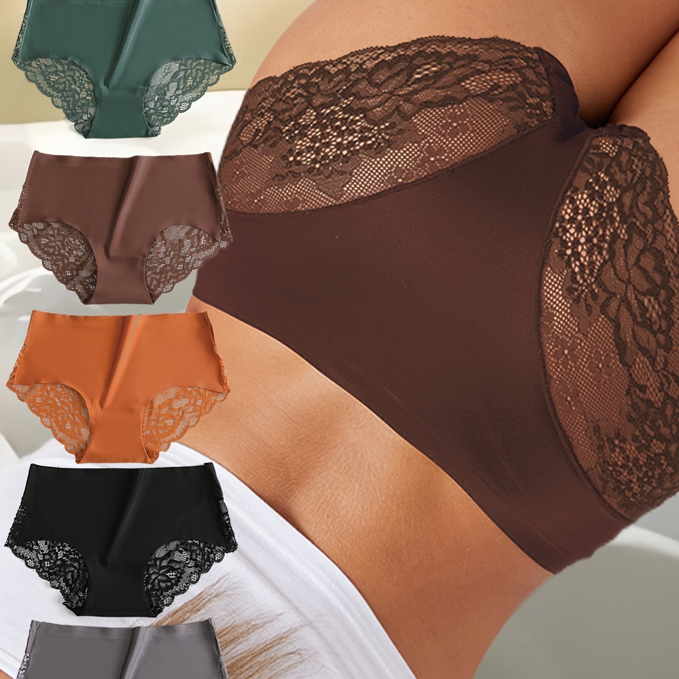 Image of 5pcs Set Women's Traceless Lace Low-waist Sexy Solid Color Panties Inner Crotch Women's Underwear Triangle Shorts