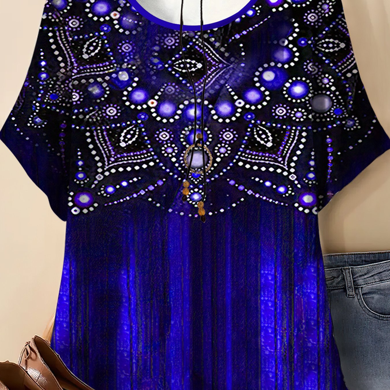 TEMU Plus Size Women's Round Neck Short Sleeve T-shirt, Fashionable Tassel Line Decoration, Polka - Artistic Pattern Print, Colorful Style. Medium