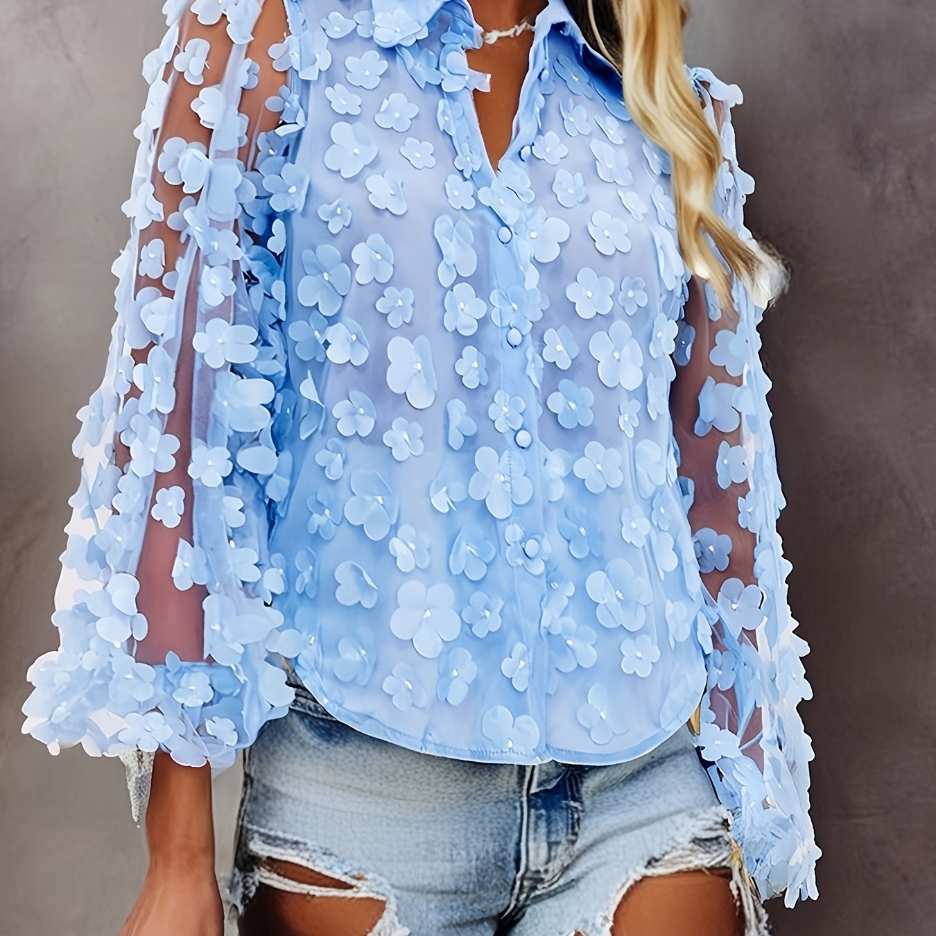 E-shop Durchsichtige Mesh-Bluse mit 3D Blumenkragen & Puffärmeln – Sommer-Kurzarmhemd, Halbtransparentes Elegantes Top für Strandhochzeiten, Brunchen