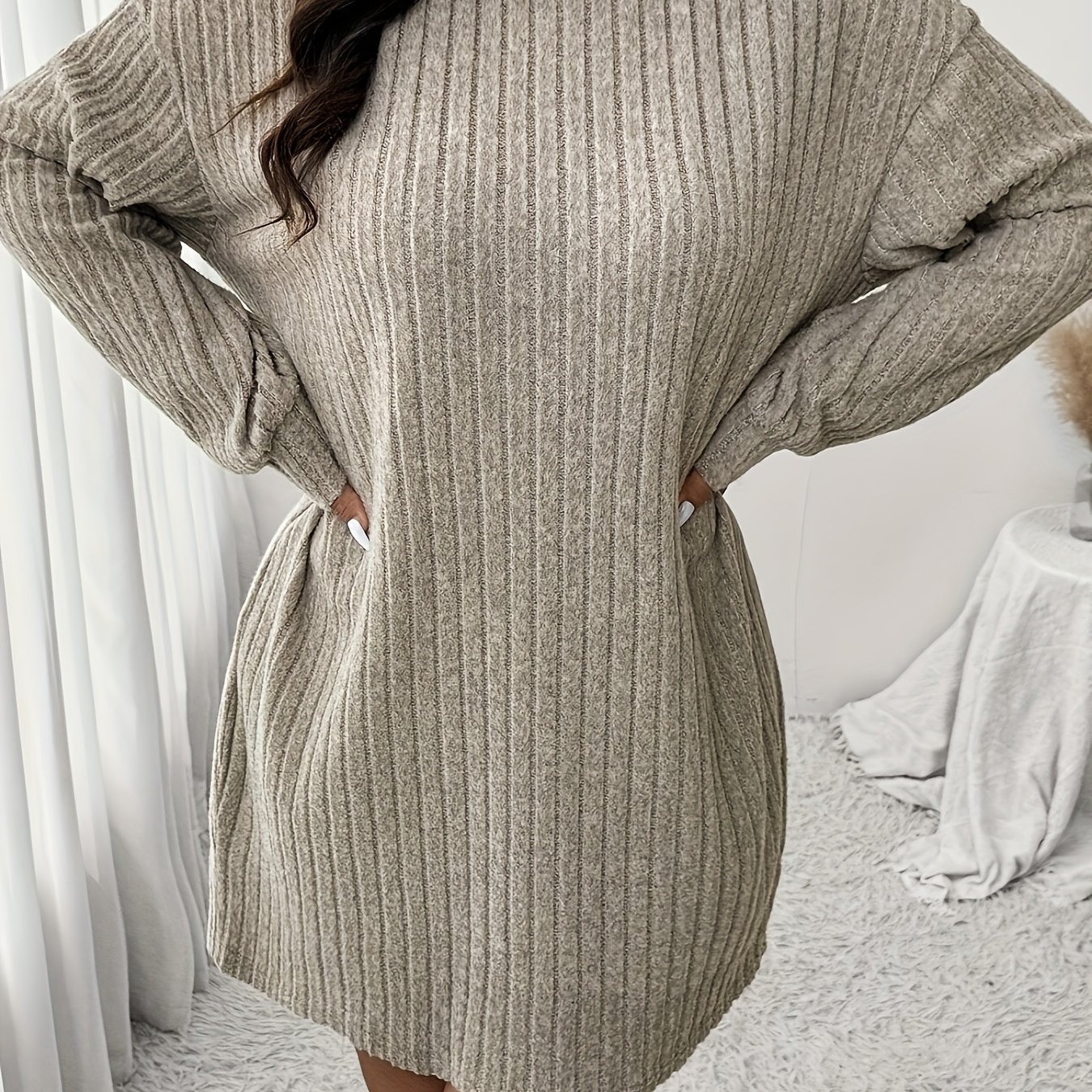 Image of Plus Size High Neck Ribbed Women's Dress, Autumn/winter