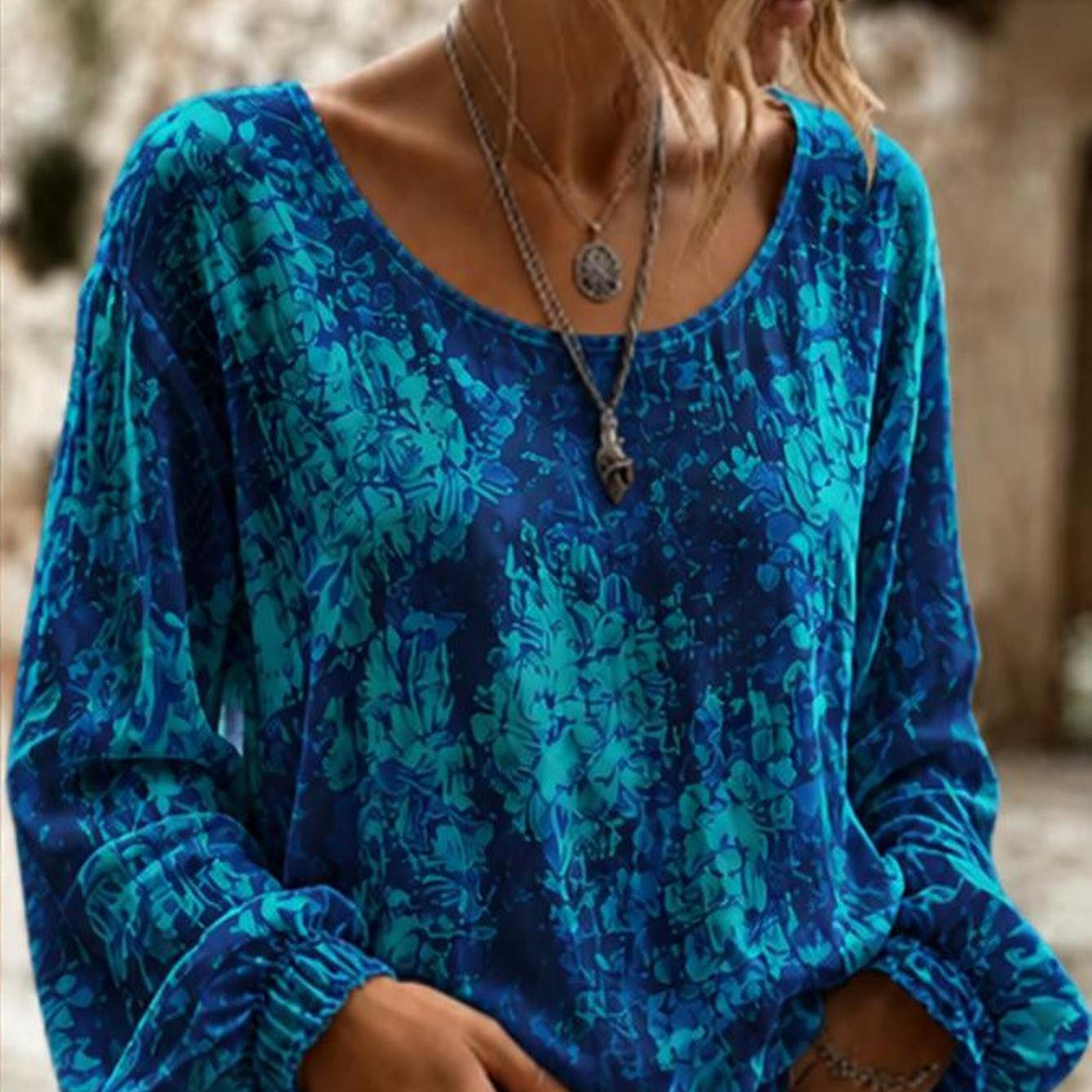 Plus Size Women's Round Neck Full Printed Shirt, Boho Blue Floral Blouse, Loose , Casual Wear For Summer, Pairs With Jackets, Jeans And Leggings