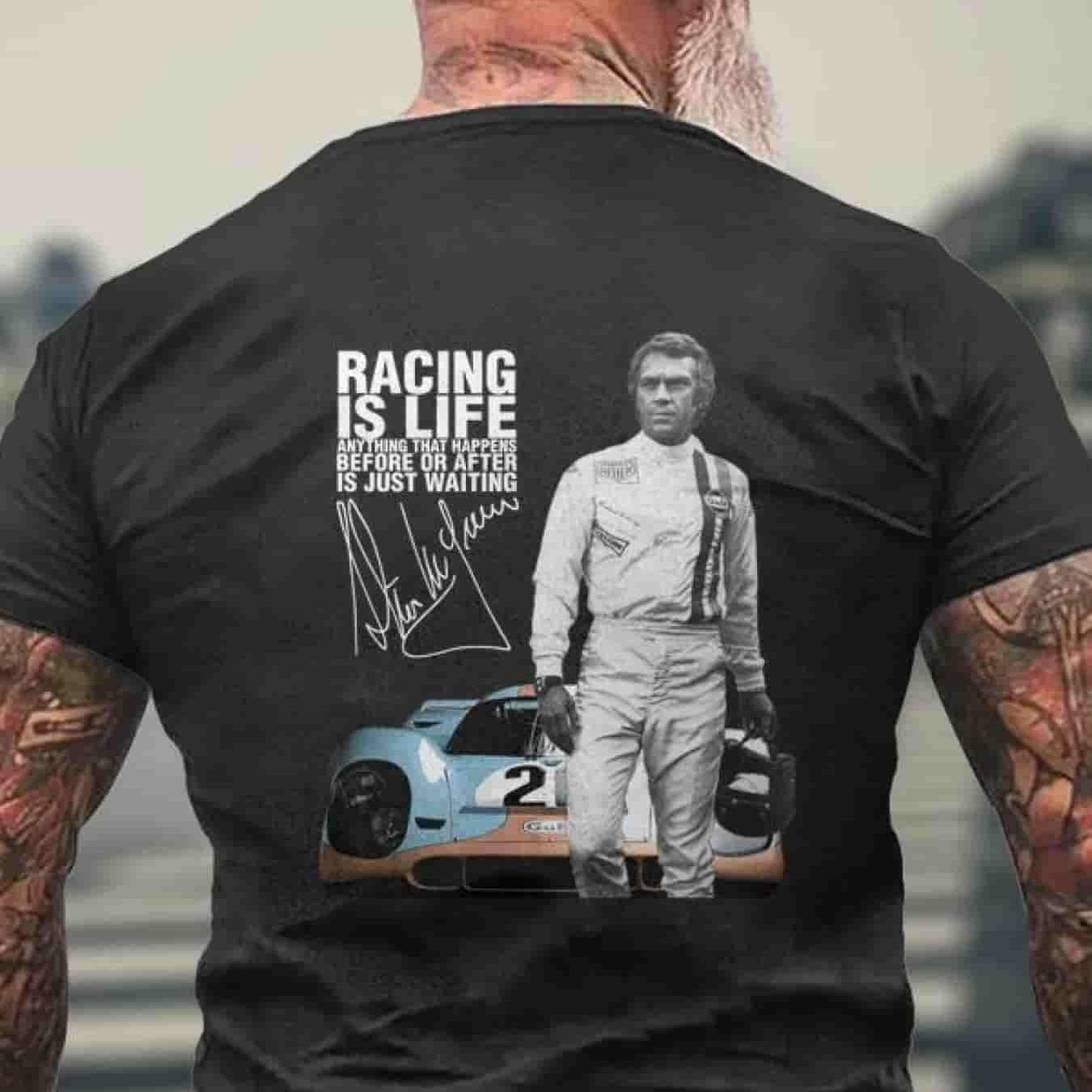 Vintage Racing Car Printed T Shirt With Back Print For Enthusiasts, Plus Size
