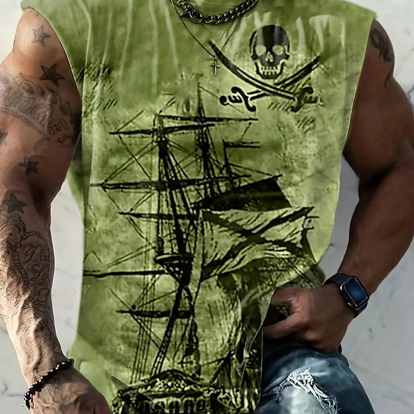 TEMU Men's Sleeveless T-shirt Pirate Ship Print Loose Fit Soft Breathable Lightweight Summer Gym Workout Training Basketball Vest Casual Daily Active