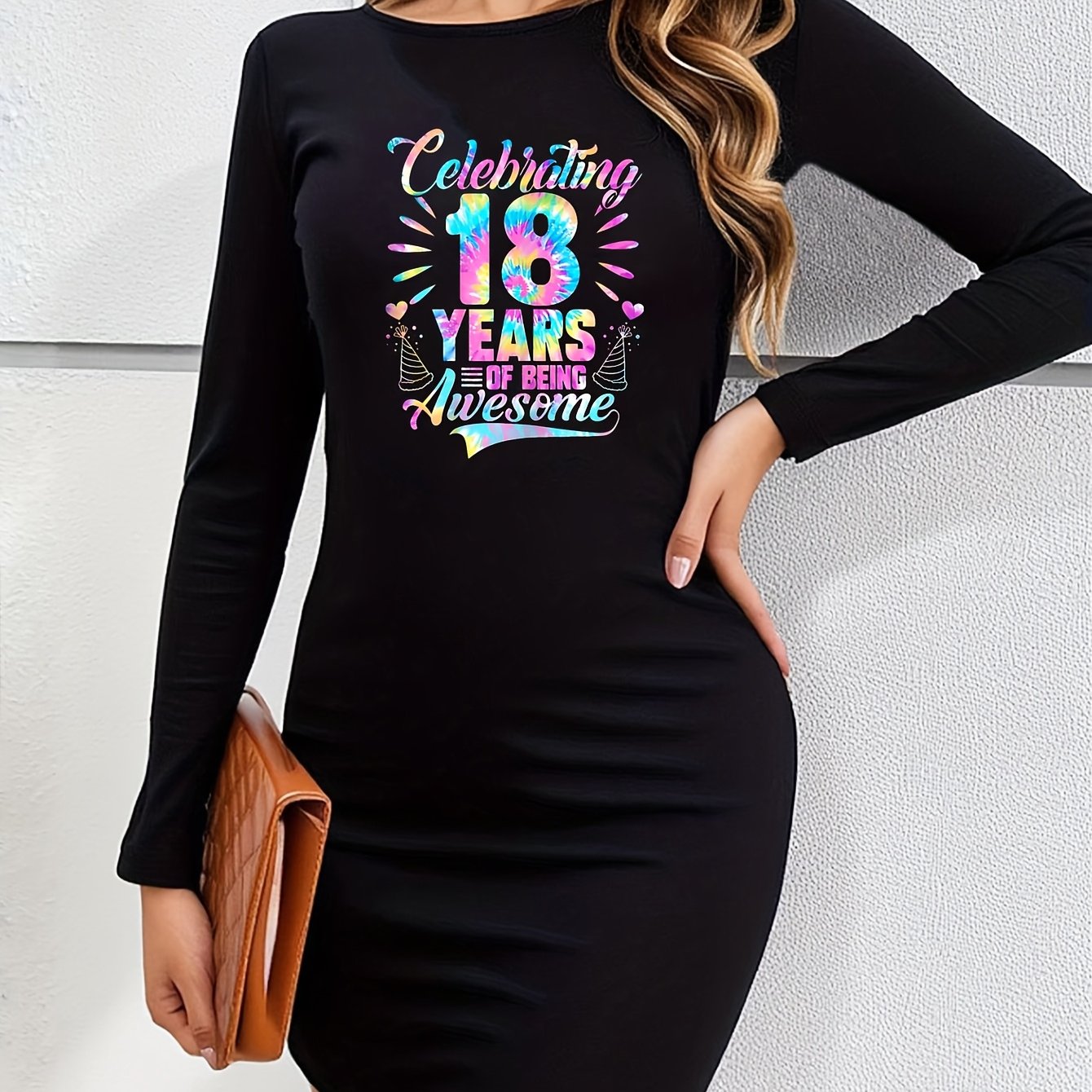 TEMU Women' 18th Birthday Dress - Elegant Slim-fit Bodycon Party Dress With Long Sleeves & Round Neck, Suitable For Parties, Prom, New Year | Machine