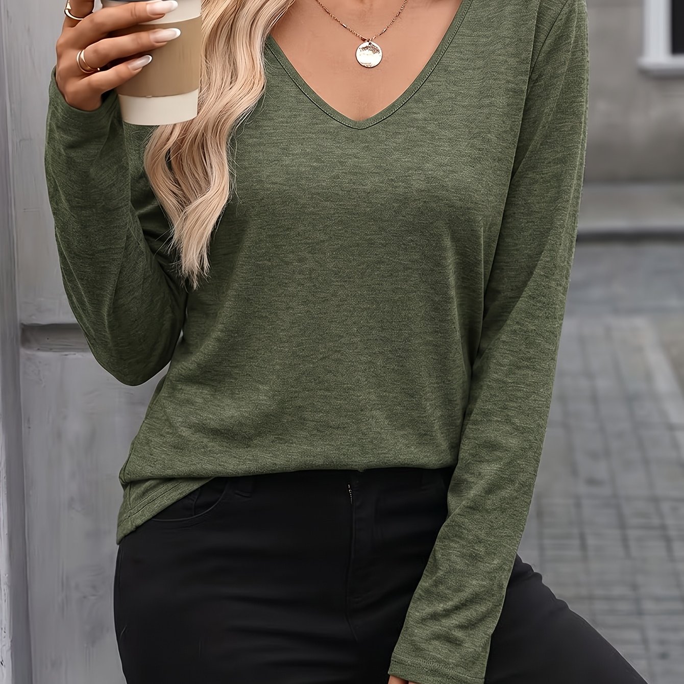 TEMU Women's V-neck Long Sleeve T-shirt Spring Autumn Base Layer Layering Top
