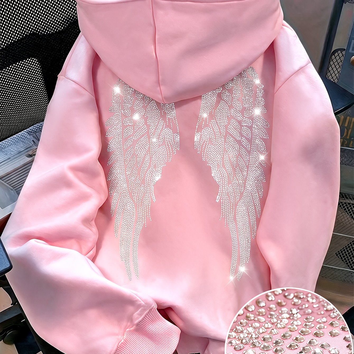TEMU Women's Rhinestone Winged Glitter Hoodie Sweatshirt, Cute Women's Hoodie, Fall Clothes For Women, Back To, Women's Long Sleeve Pocket Drop