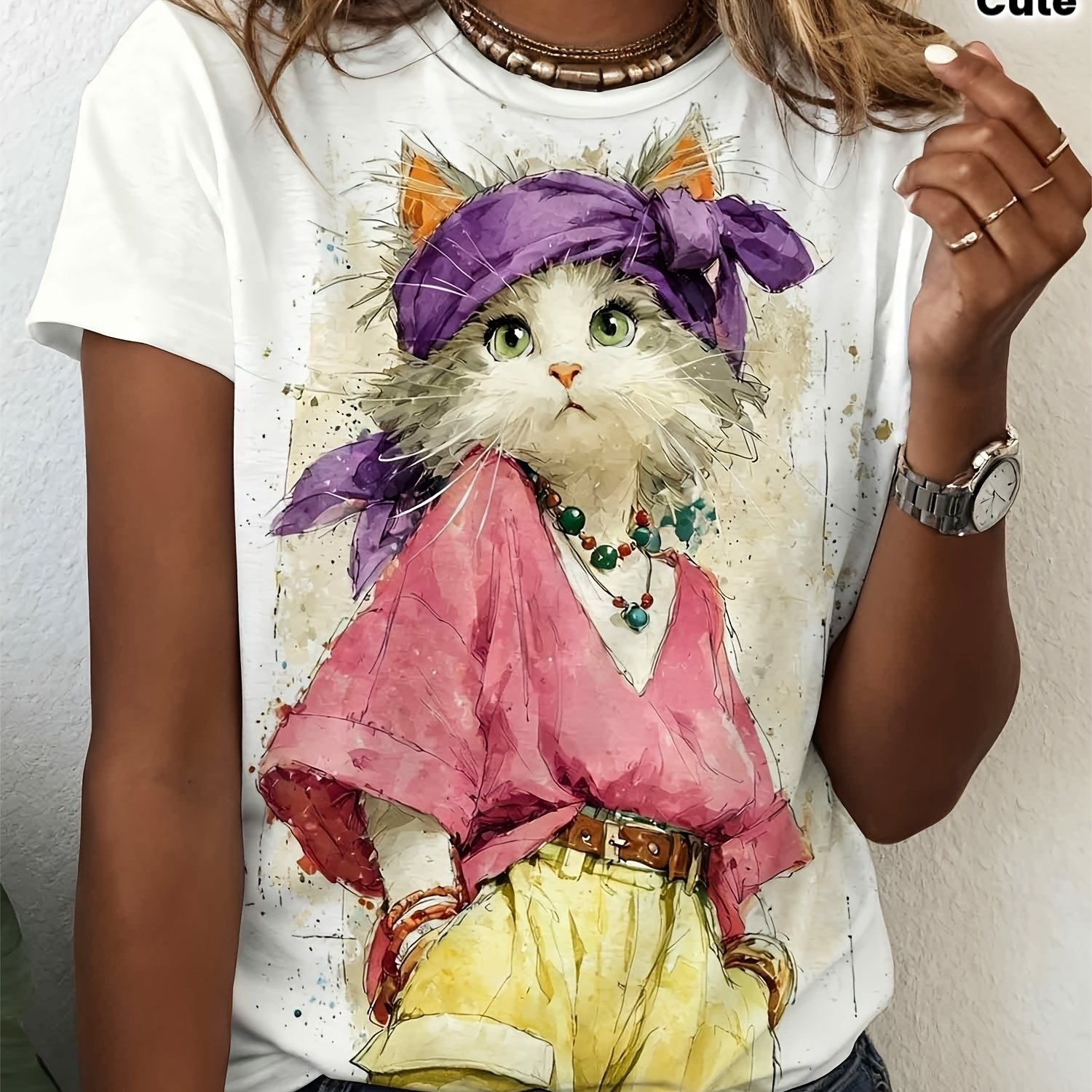 TEMU Women's Vintage Cat Print Short-sleeve T-shirt - Round Neck Suitable For Streetwear & Dates, Summer Casual Top With Headscarf-compatible