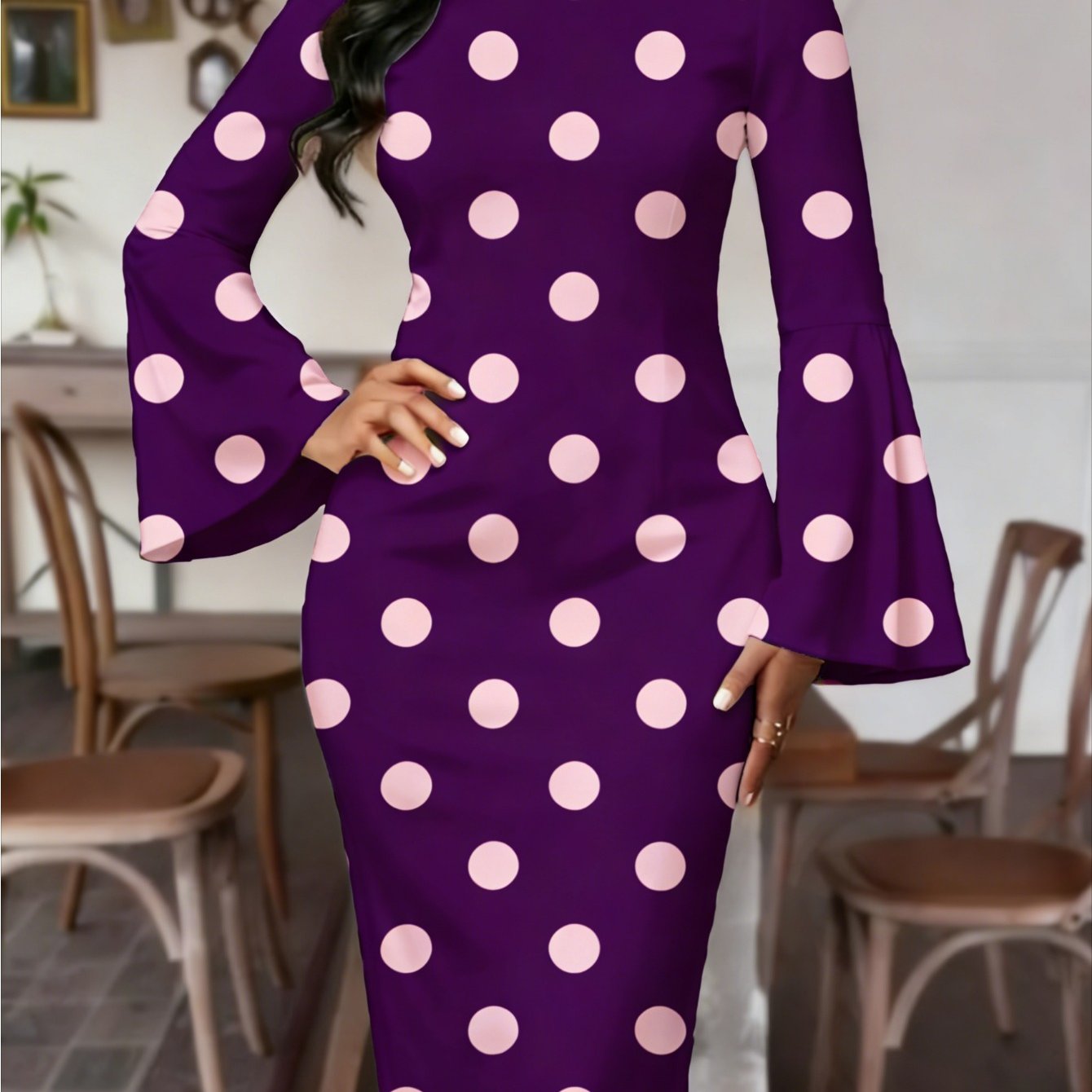 Plus Size - Plus Size - Plus Size Elegant Green And Pink Polka Dot Midi Dress | Flared Sleeves, Slim Crew Neck, Long Sleeves For And Formal Settings