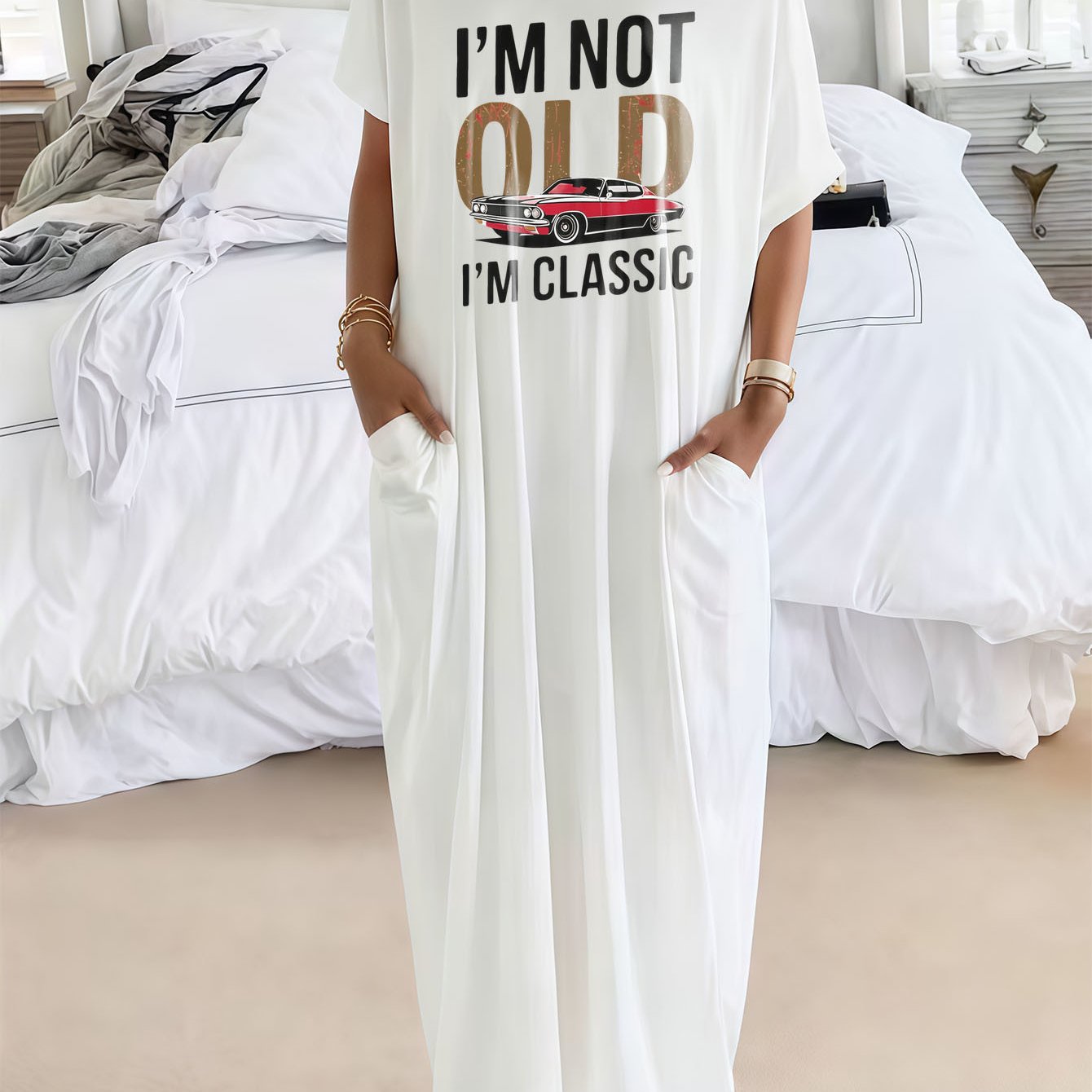 TEMU Casual Offshoulder Old I' Car Print Maxi Dress, Perfect For Home, Going Out, Or As An Ideal Gift For Valentine's Day, Birthdays, Or Anniversaries A For Her Wardrobe