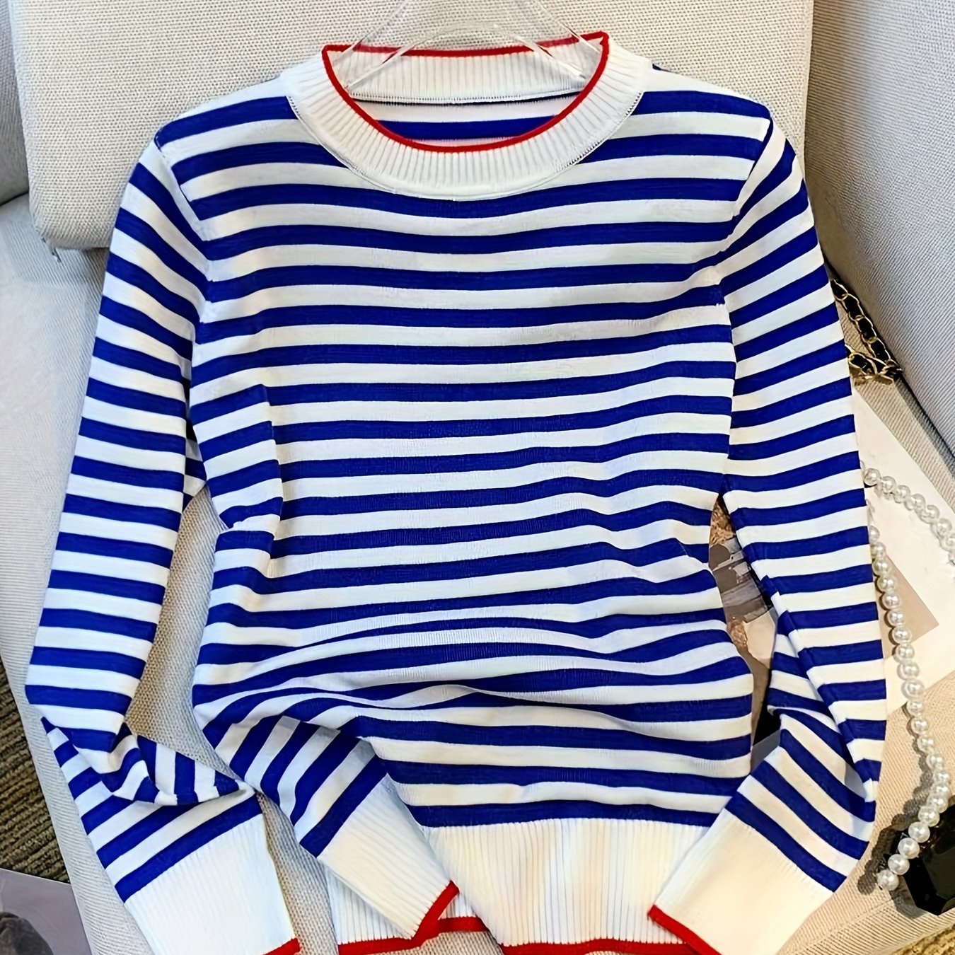 Striped Sweater Top Women's Neck Long Sleeve Base Layer Spring Autumn Top