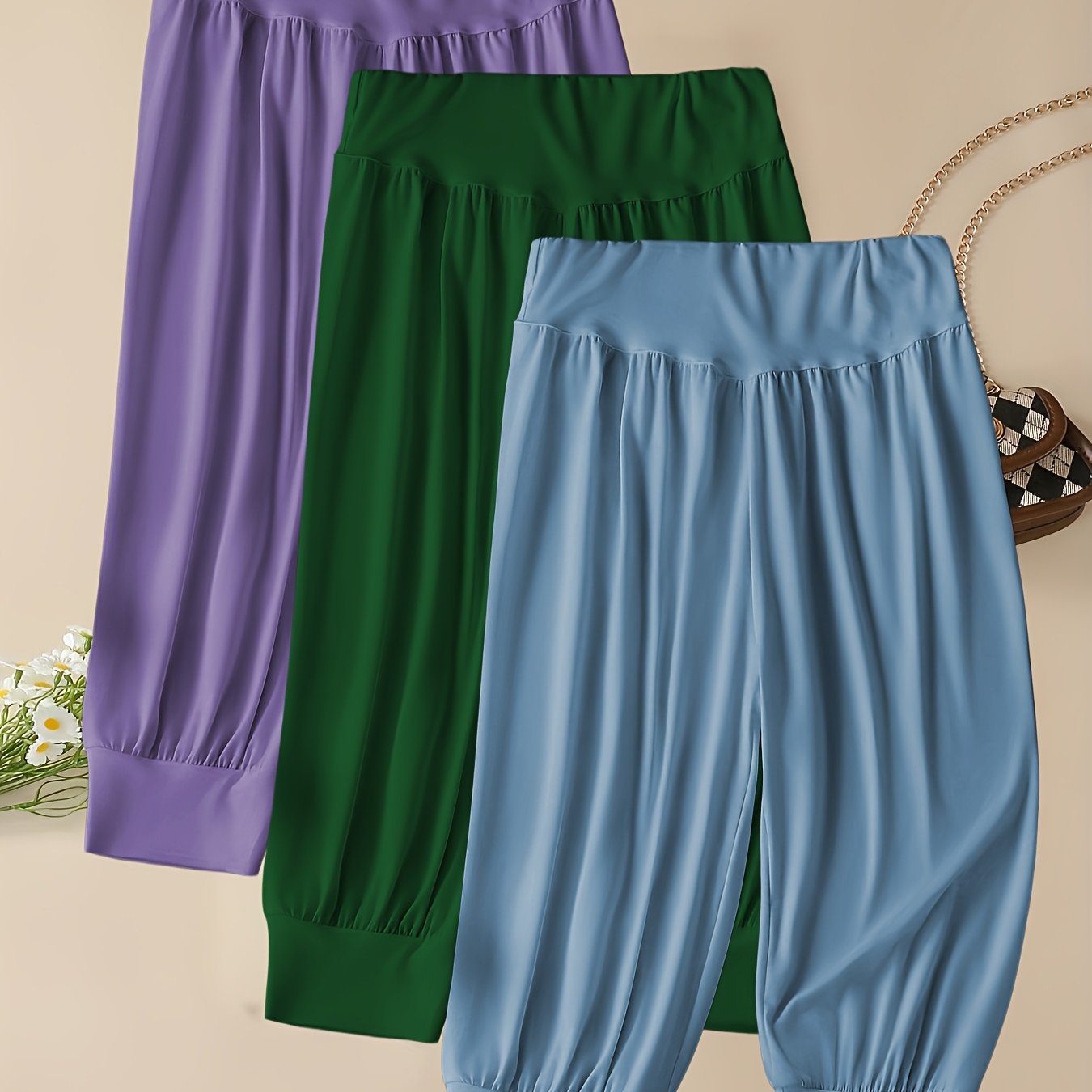 TEMU 3pcs Women's Stretchable Long Harem Joggers With Elastic Waistband, Lightweight And Breathable Polyester Fabric Ideal For Summer, Casual Solid