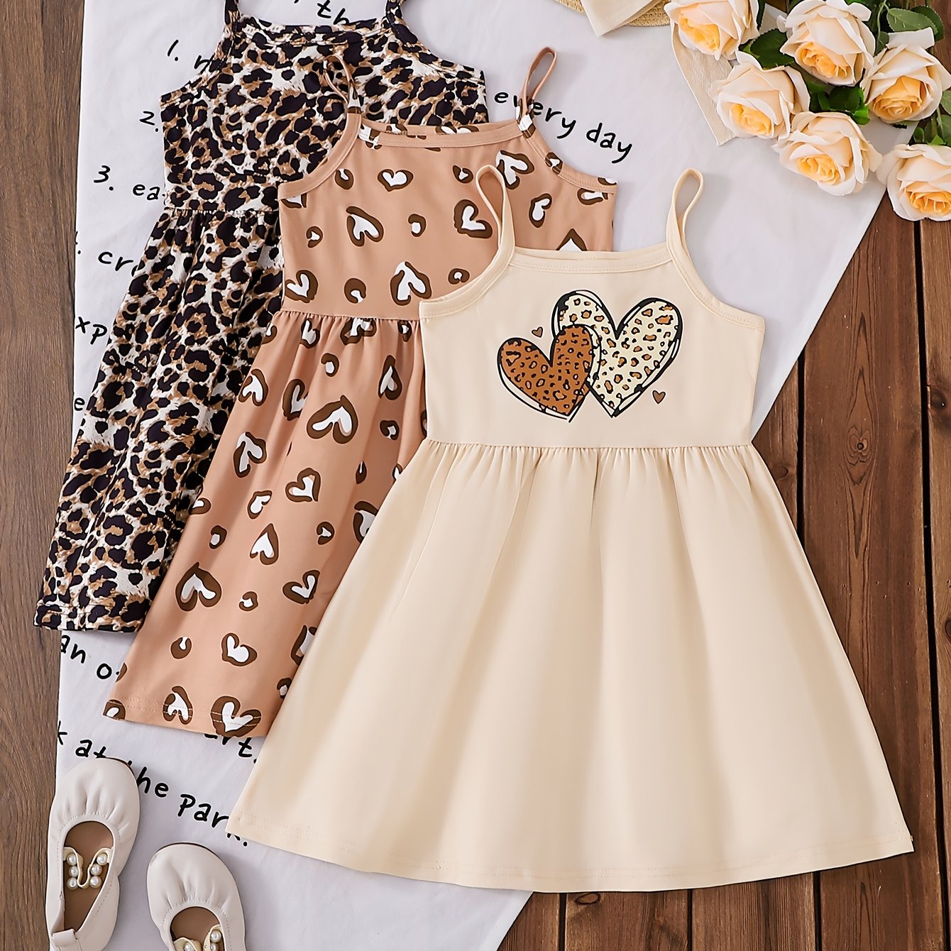 Image of 3pcs Sleeveless -line Dresses - Spring Summer Leopard Print & Heart Smock Dresses, Mid-length Casual Playwear, Machine Washable Dress Outfits 3pcs Set For, Parties, Casual Attire ()