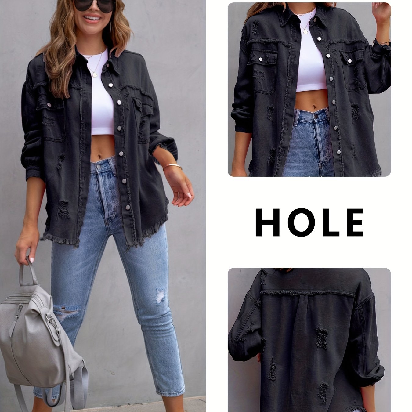 Image of Black; Casual; Loose Fit; Denim; Women's Jacket; New Arrival; Korean Style; ; Outerwear; Denim Clothing; Jacket; Top