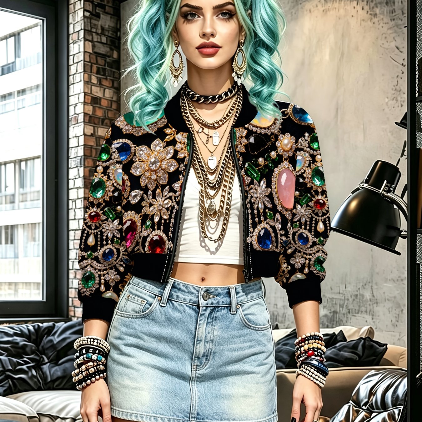 TEMU Gemstone Jewelry Pattern Women's Zip-up Short Jacket, Western Style Casual Baseball Jacket, High-waist Casual Jacket, Soft And Smooth,